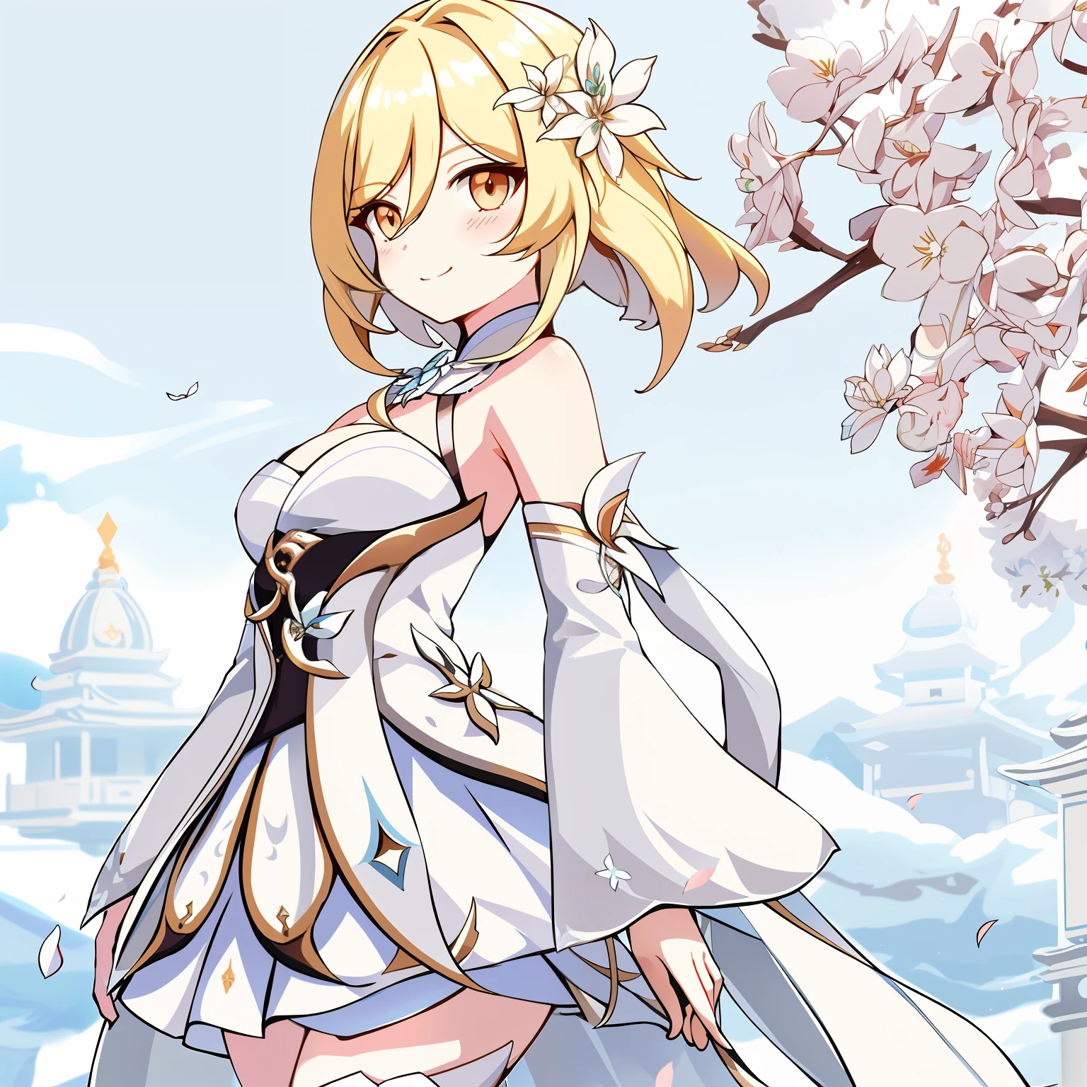 lumine_genshin_impack, 1girl, breasts, detached_sleeves, flower, upper_body, hair_flower, hair_ornament, long_sleeves, medium_breasts,  solo, standing,white_dress, white_flower, white_legwear,
 smile, blush,
outdoors,blue sky,  temple, looking at viewer, mountain,