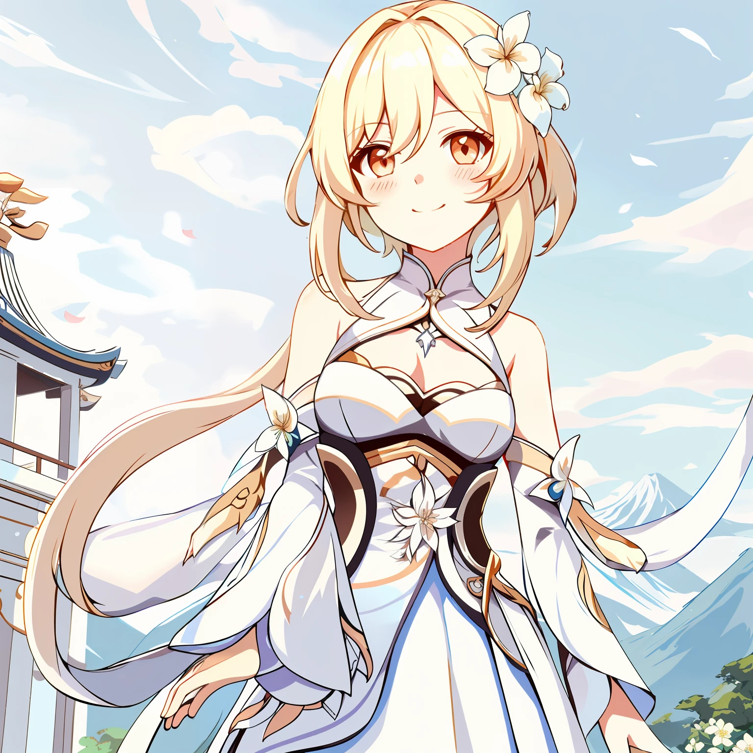 lumine_genshin_impack, 1girl, breasts, detached_sleeves, flower, upper_body, hair_flower, hair_ornament, long_sleeves, medium_breasts,  solo, standing,white_dress, white_flower, white_legwear,
 smile, blush,
outdoors,blue sky,  temple, looking at viewer, mountain,