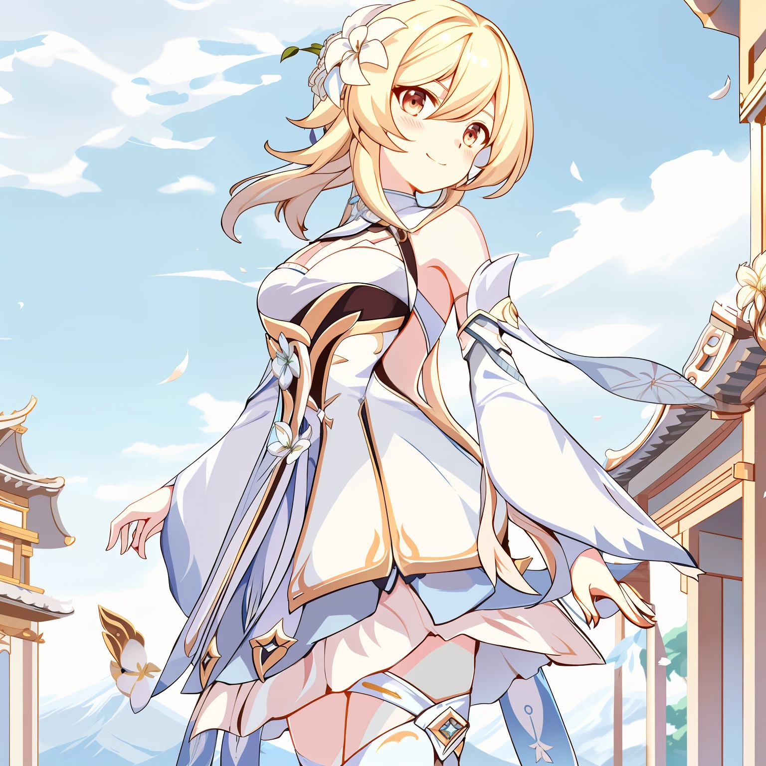 lumine_genshin_impack, 1girl, breasts, detached_sleeves, flower, upper_body, hair_flower, hair_ornament, long_sleeves, medium_breasts,  solo, standing,white_dress, white_flower, white_legwear,
 smile, blush,
outdoors,blue sky,  temple, looking at viewer, mountain,