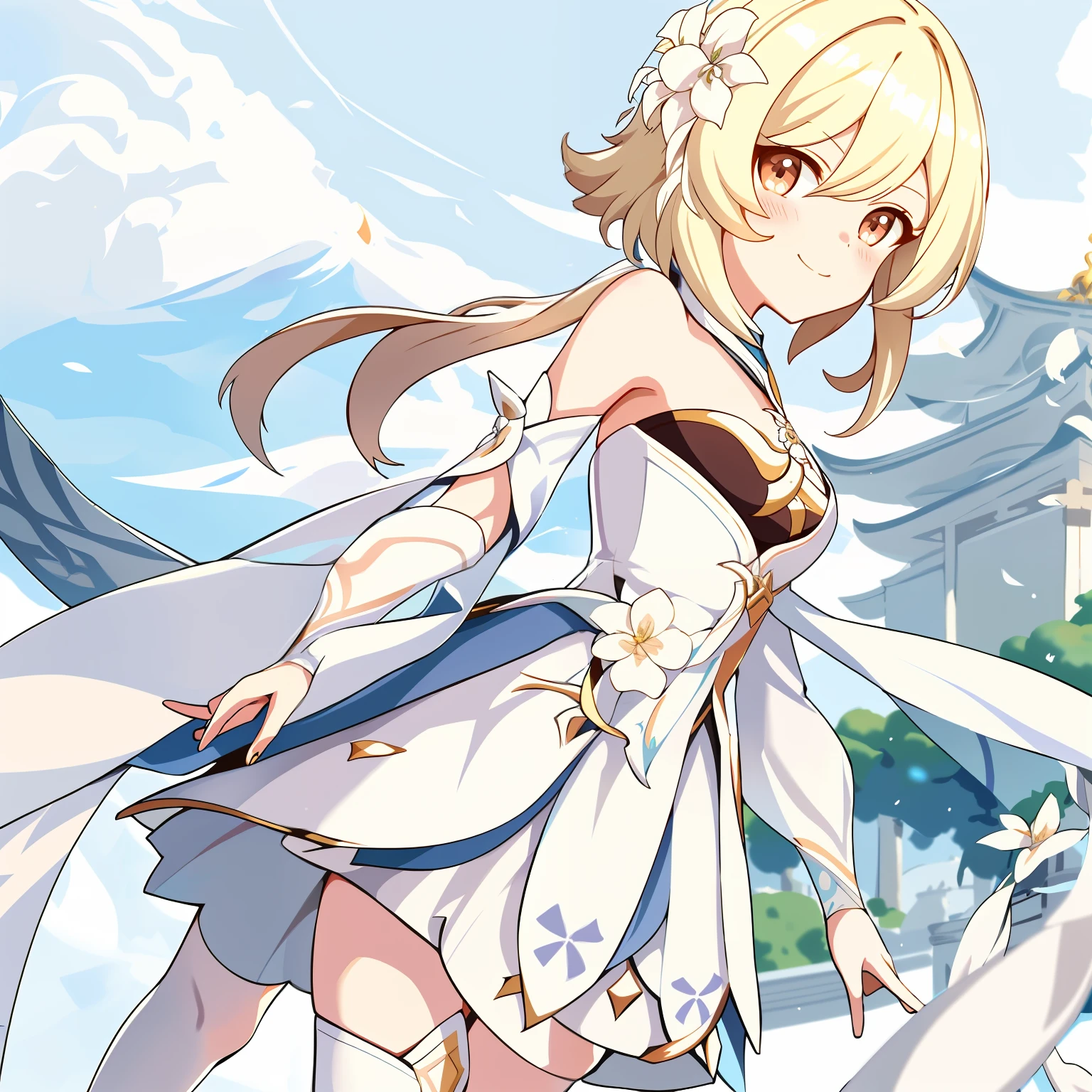 lumine_genshin_impack, 1girl, breasts, detached_sleeves, flower, upper_body, hair_flower, hair_ornament, long_sleeves, medium_breasts,  solo, standing,white_dress, white_flower, white_legwear,
 smile, blush,
outdoors,blue sky,  temple, looking at viewer, mountain,