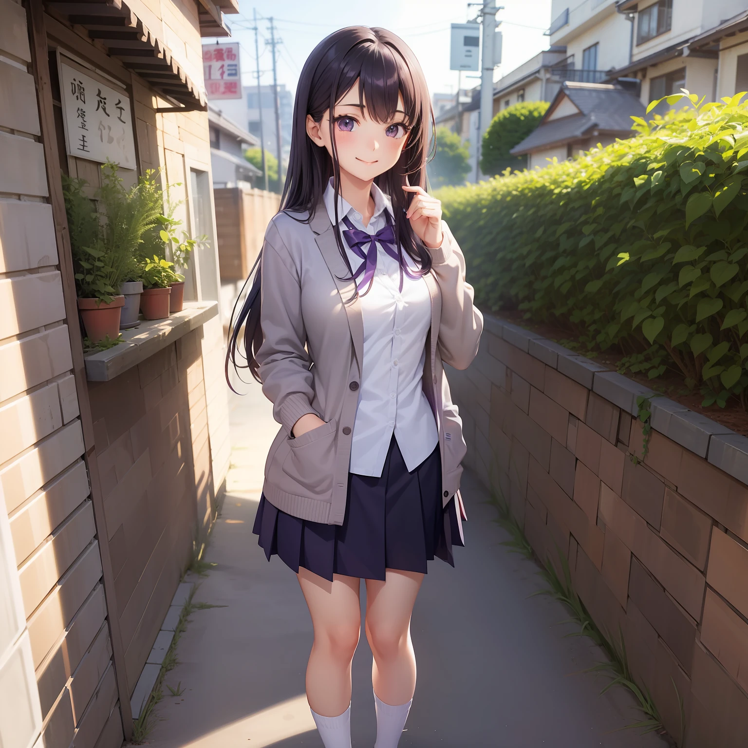 校服　cardigan　blazers　Loose Socks　１５Year old girl　a smile　beautiful a girl　a beauty girl　top-quality　​masterpiece　超A high resolution　Long　Purple hair