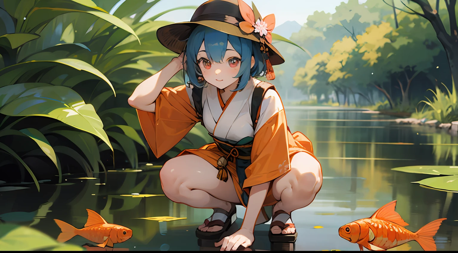 Photo, The girls、japanse, Clothing product samples, Girl scooping goldfish, colored contacts in her eyes, Full body , In summer