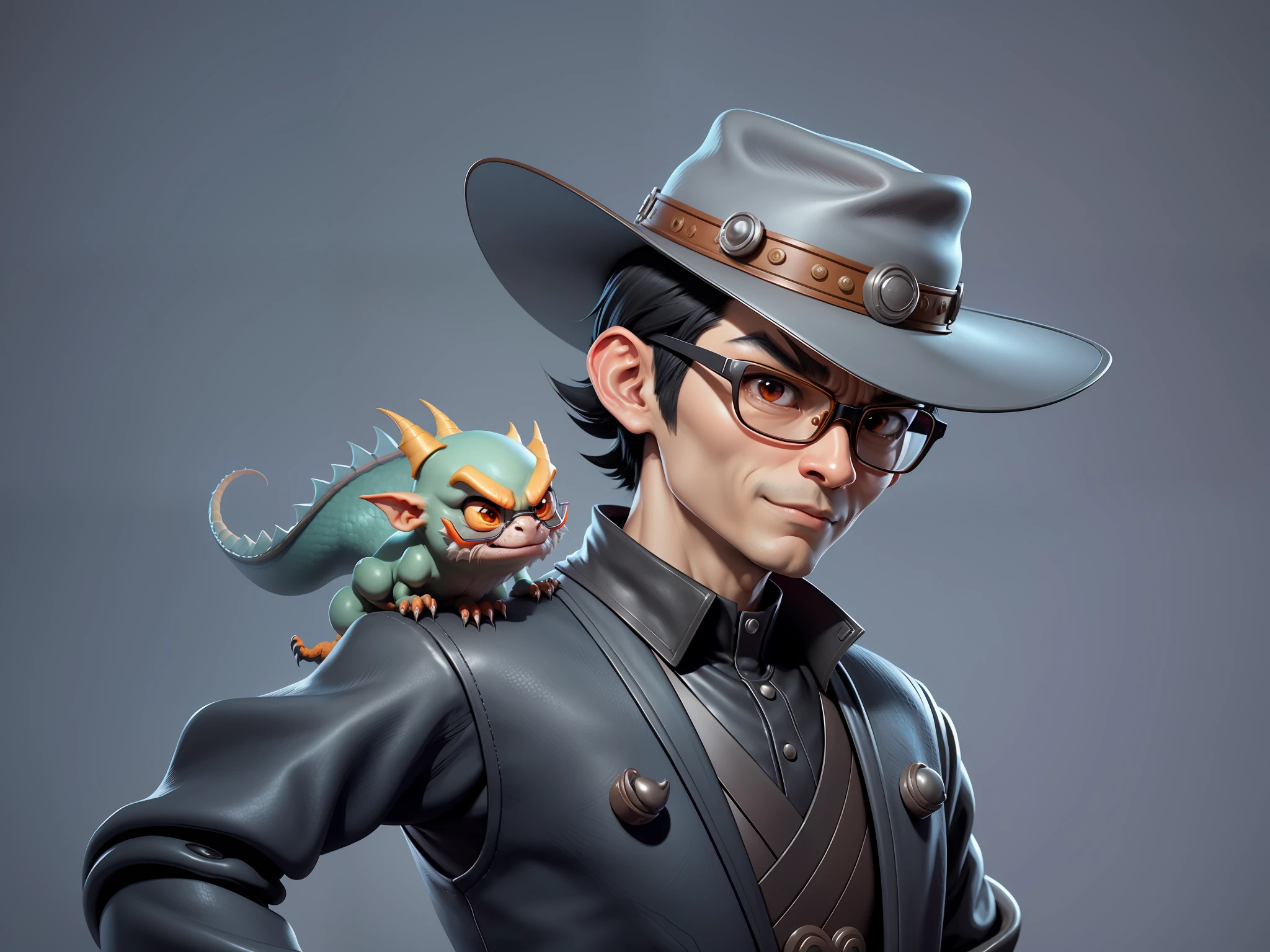 Young man with oriental face in leather hat, dragon, formal suit, short black hair, silver glasses, digital painting, 3D character design by Mark Clairedon and Pixar and Hayao Miyazaki and Akira Toriyama, the illustration is a high-definition illustration in 4K resolution with very detailed facial features and cartoon-style visuals.