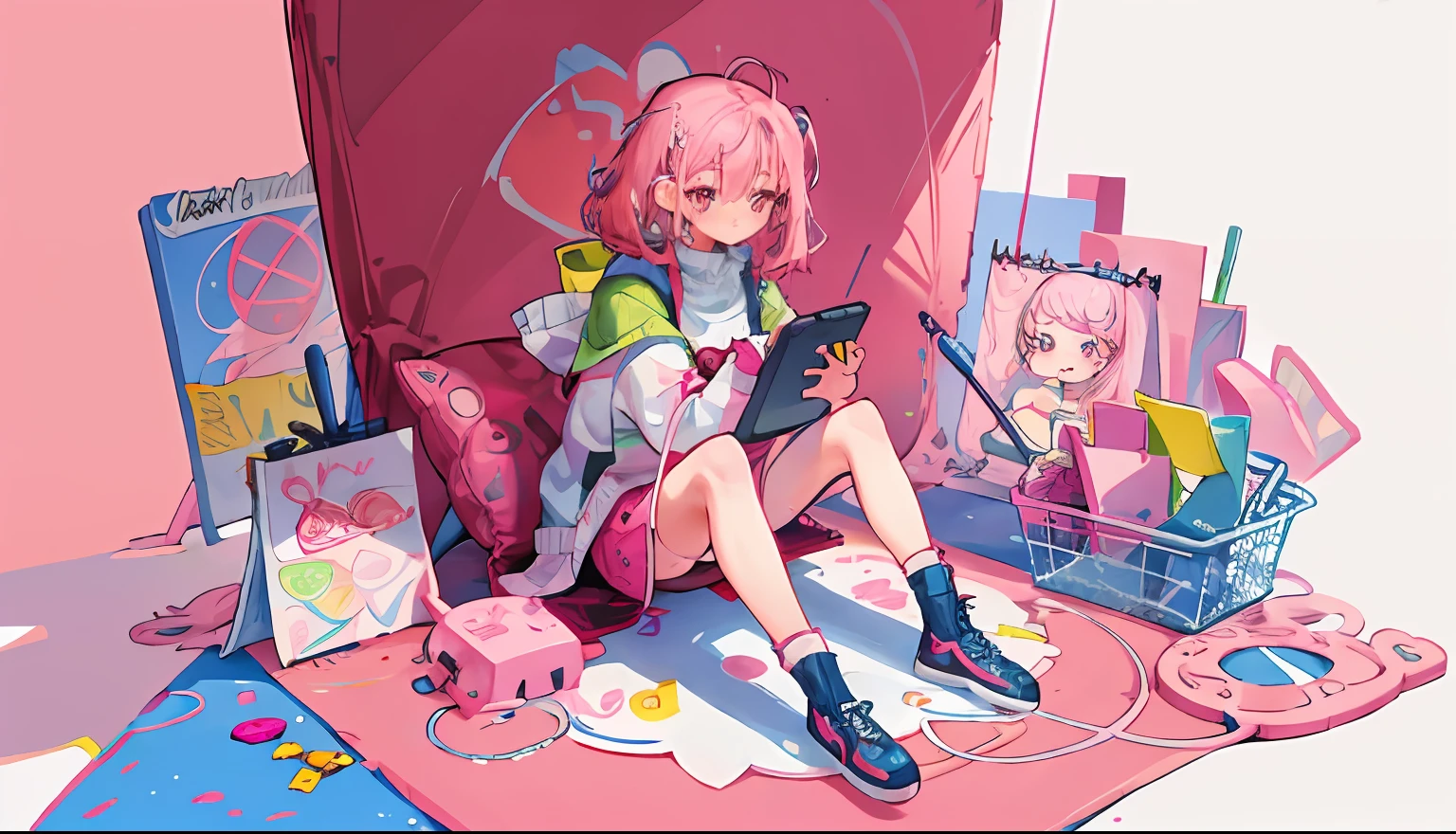 Girl, pink hair, a girl sitting on the ground while drawing on a graphic tablet, beautiful, colorful