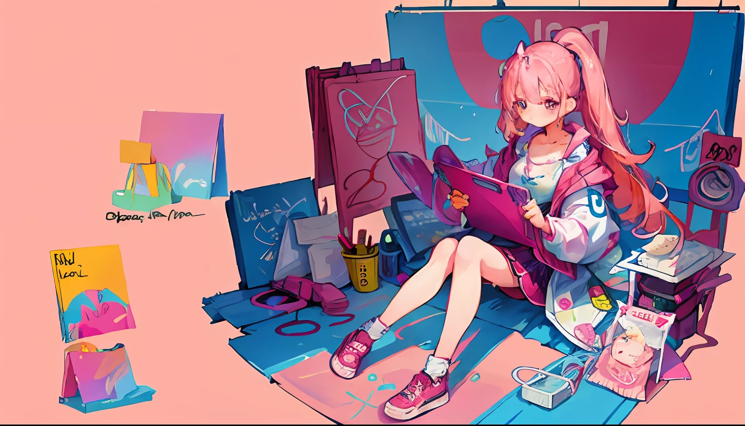 Girl, pink hair, a girl sitting on the ground while drawing on a graphic tablet, beautiful, colorful