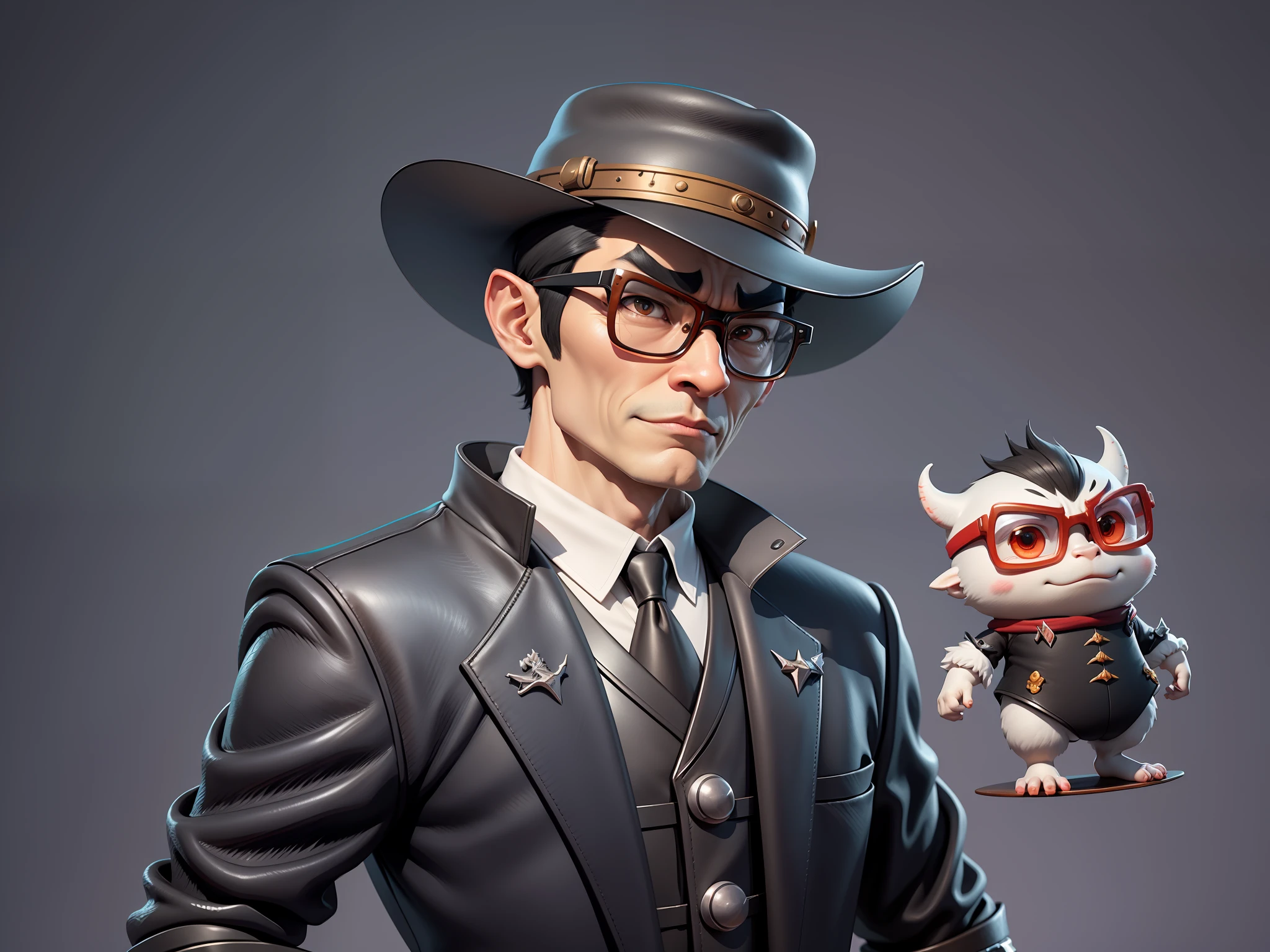 Young man with oriental face in leather hat, dragon, formal suit, short black hair, silver glasses, digital painting, 3D character design by Mark Clairedon and Pixar and Hayao Miyazaki and Akira Toriyama, the illustration is a high-definition illustration in 4K resolution with very detailed facial features and cartoon-style visuals.