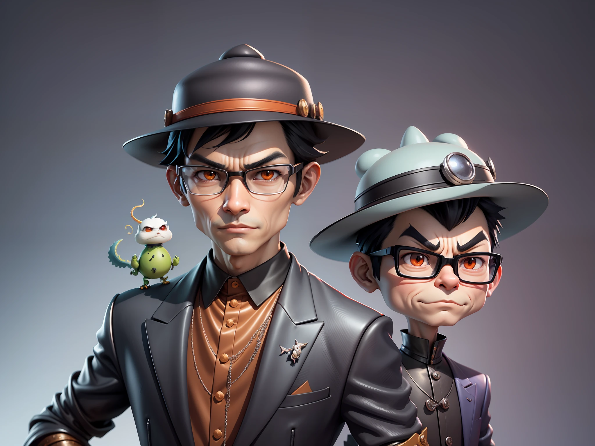 Young man with oriental face in leather hat, dragon, formal suit, short black hair, silver glasses, digital painting, 3D character design by Mark Clairedon and Pixar and Hayao Miyazaki and Akira Toriyama, the illustration is a high-definition illustration in 4K resolution with very detailed facial features and cartoon-style visuals.