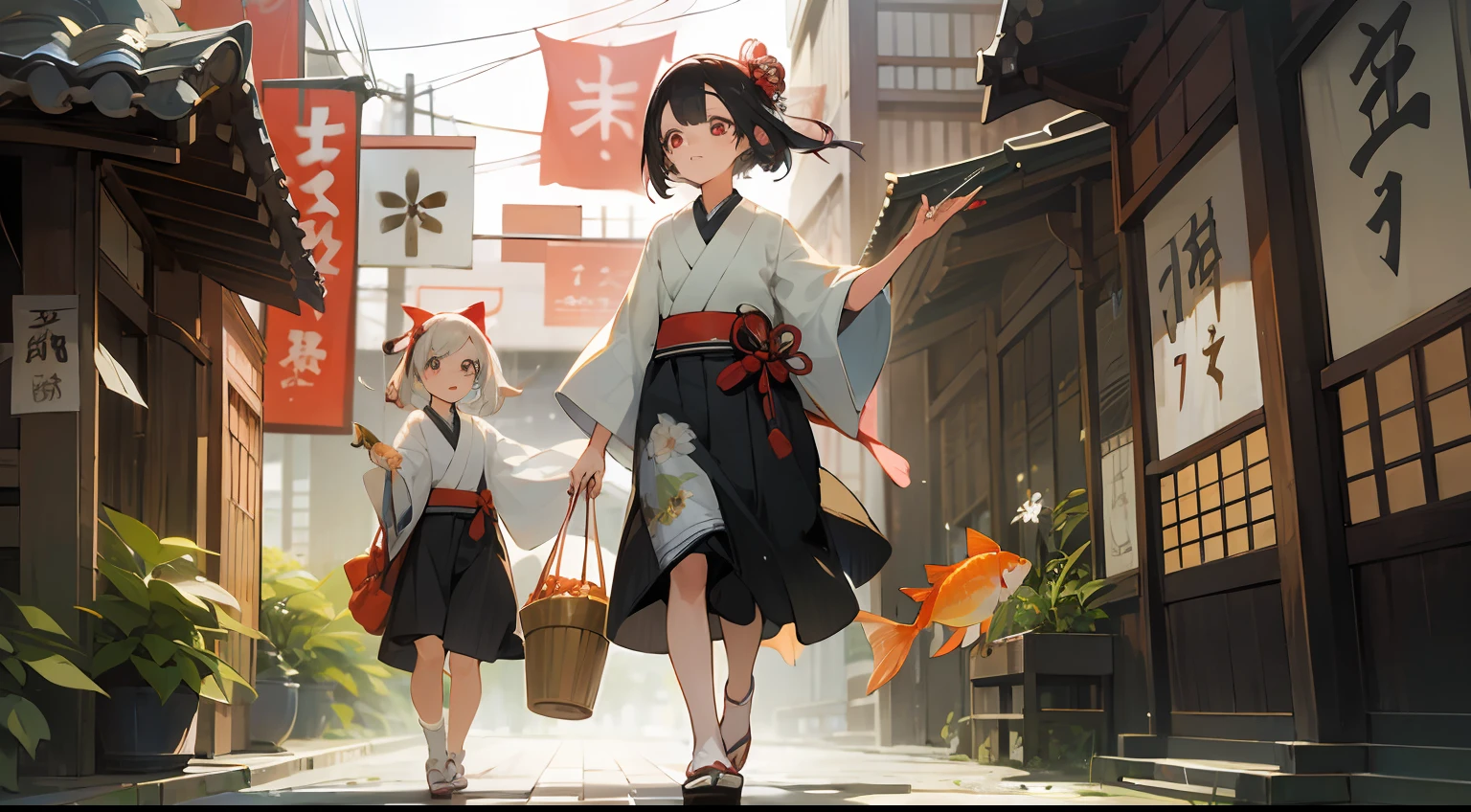 Photo, The girls、japanse, Clothing product samples, Girl scooping goldfish, colored contacts in her eyes, Full body , In summer