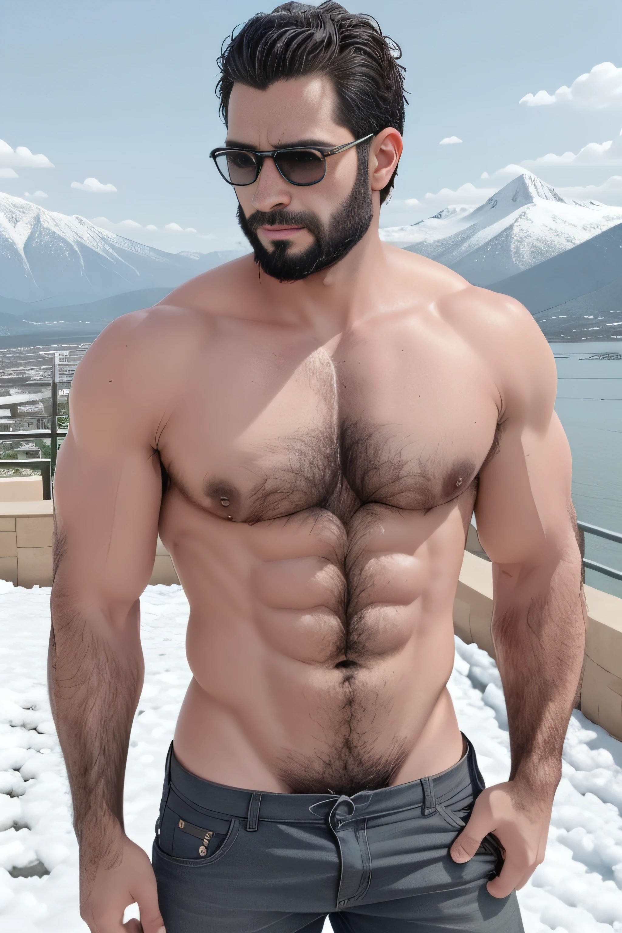 Dos hombres varoniles con barba corta y delicada, Stylish clothes in front of a snowy mountain, cuerpo musculoso, enfoque en el pectoral, pectorales grandes, pectorales sin vello, Conjunto de caras, obra de arte, pelo cepillado, piel morena