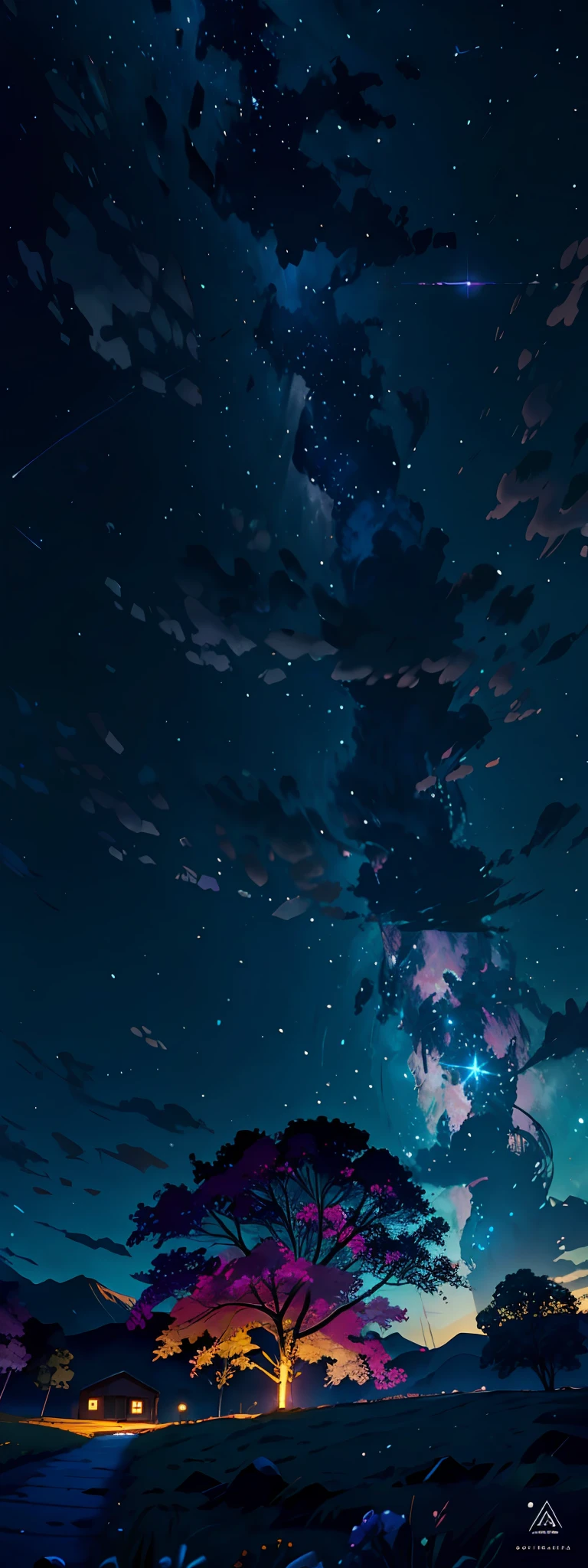 fotografia de paisagem expansiva, (a view from below that shows the sky above and the open field below), uma garota parada em um campo de flores olhando para cima, (lua cheia: 1.2), (estrelas cadentes: 0.9), (nebulosa: 1.3), montanha distante , BREAK tree production art, (fonte de luz quente: 1.2), (Firefly: 1.2), lamp, muito roxo e laranja, detalhes complexos, volumetric lighting BREAK (obra-prima: 1.2), (melhor qualidade), 4k, ultradetalhado , (dynamic compositing: 1.4), detalhes coloridos altamente detalhados (cores iridescentes: 1.2), (bright illumination, Atmospheric Illumination), sonhador, magica, (solo: 1.2),8k