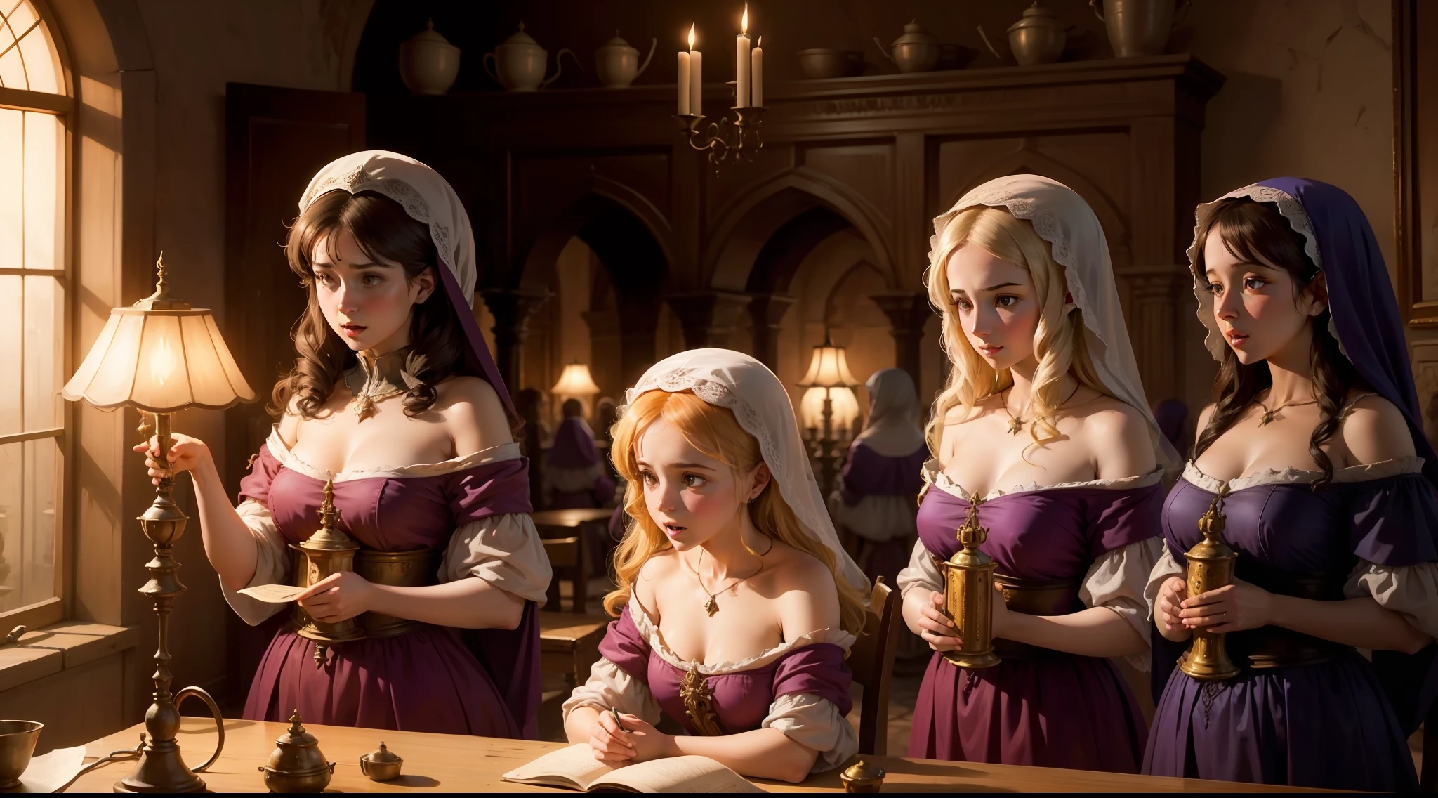 The five foolish virgins realizing their lamps are running out of oil.