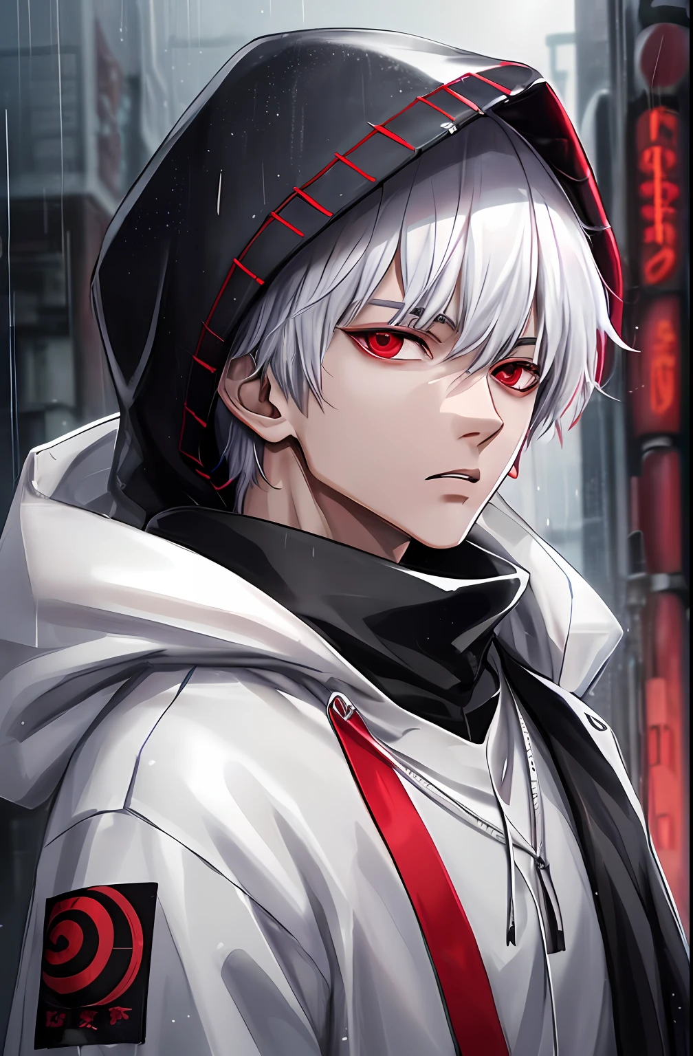 kk, best quality, more details, masterpiece, 1boy, kaneki ken, portrait, male focus, red eyes, solo, bangs, looking at viewer, hood, short hair, rain, tokyo tokyo \(city\), hood up, nail polish, white hair, luxurious, 8k, detailed, ray tracing, depth of field, cinematic lighting,