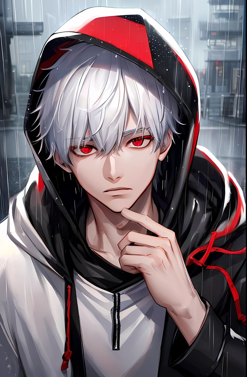 kk, best quality, more details, masterpiece, 1boy, kaneki ken, portrait, male focus, red eyes, solo, bangs, looking at viewer, hood, short hair, rain, tokyo tokyo \(city\),  hood up, nail polish, white hair, luxurious, 8k, detailed, ray tracing, depth of field, cinematic lighting,