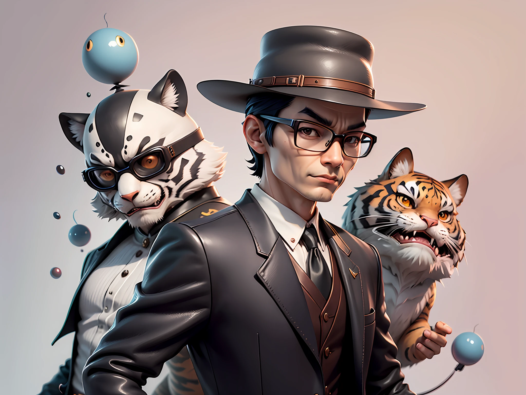 Young man with oriental face in leather hat, tiger, oriental face in formal suit, short black hair, silver glasses, digital painting, 3D character design by Mark Clairedon and Pixar and Hayao Miyazaki and Akira Toriyama, the illustration is a high-definition illustration in 4K resolution with very detailed facial features and cartoon-style visuals.