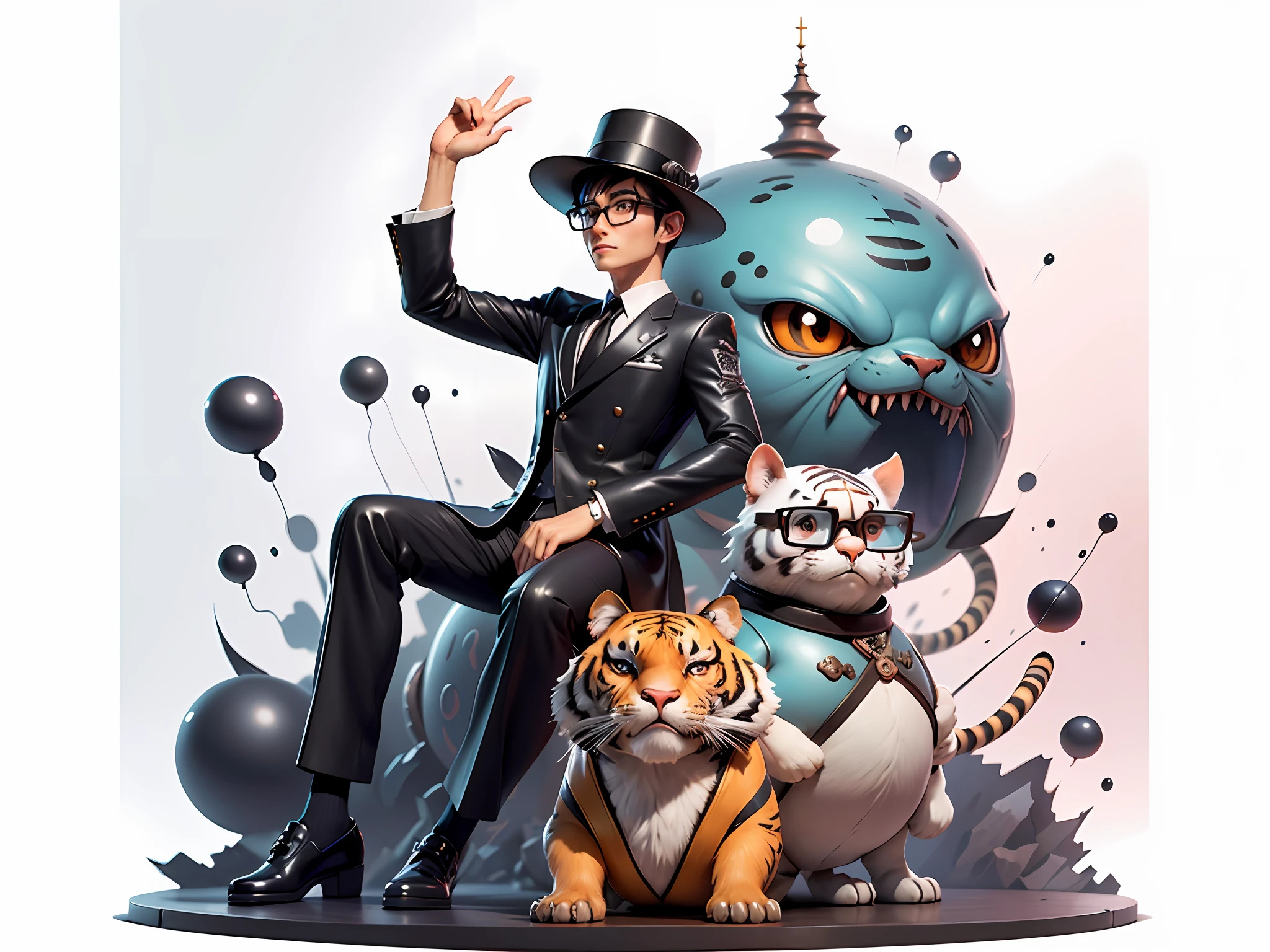 Young man with oriental face in leather hat, tiger, oriental face in formal suit, short black hair, silver glasses, digital painting, 3D character design by Mark Clairedon and Pixar and Hayao Miyazaki and Akira Toriyama, the illustration is a high-definition illustration in 4K resolution with very detailed facial features and cartoon-style visuals.