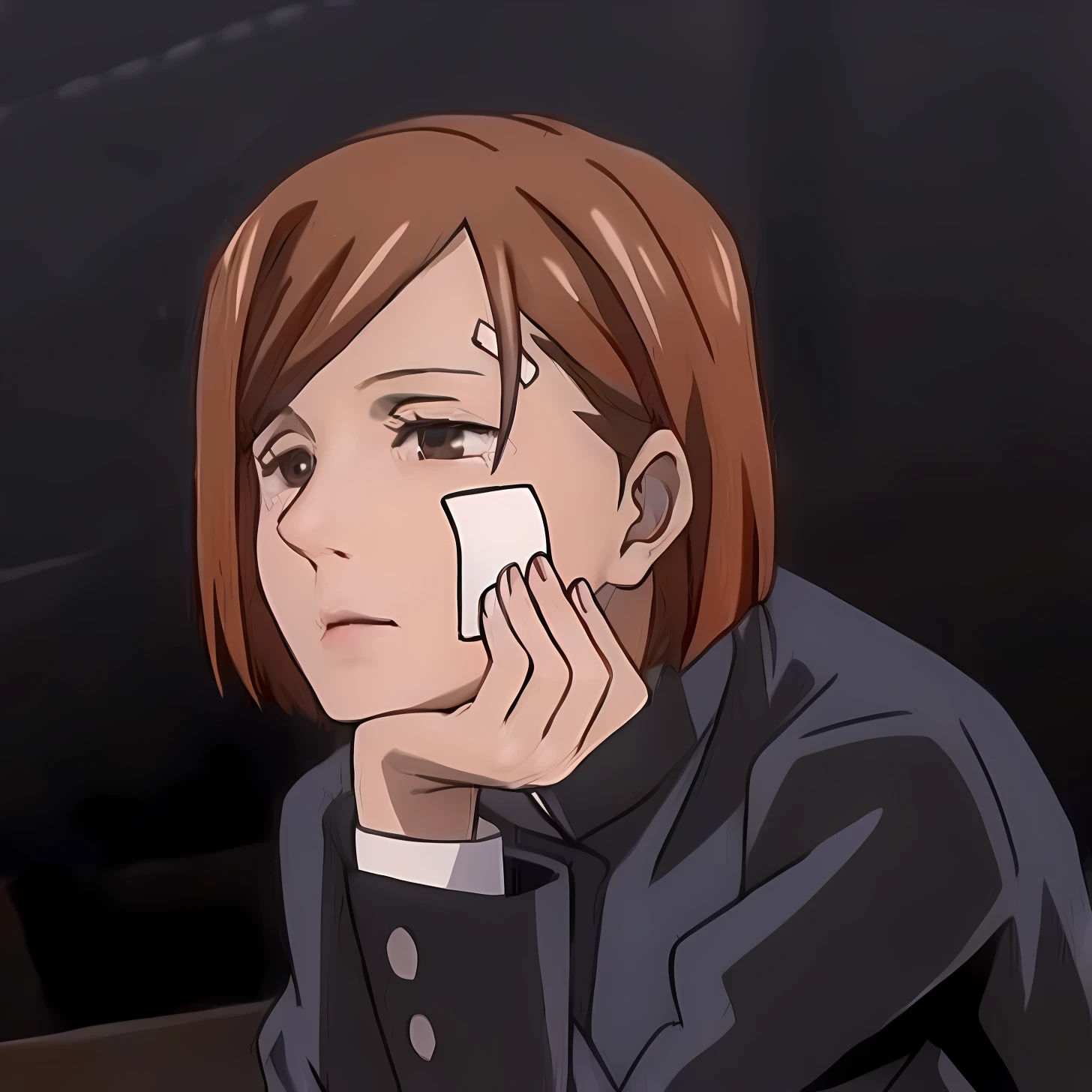a close up of a person holding a cell phone to their ear, boromir in an anime world, boromir in an 80\'s anime world, in the anime film, slightly happy facial expression, with a sad expression, ( ( ( yoshinari yoh ) ) ), last exile anime, crying! android! woman, in an anime