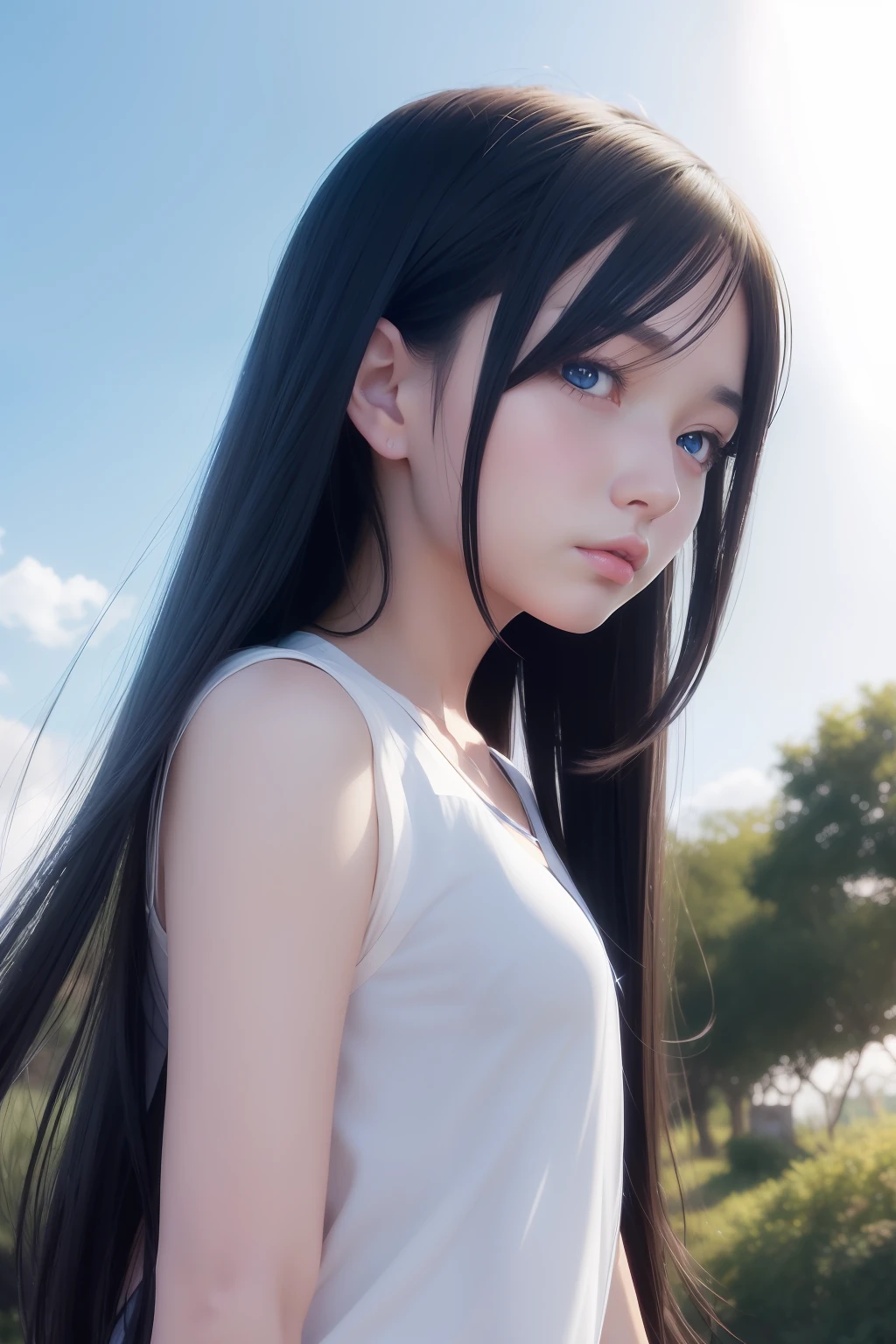 Anime girl looking up at long black hair and blue eyes, Seductive Anime Girl, charming anime girls, soft anime illustration, unknown artstyle, semirealistic anime style, painted in anime painter studio, Smooth Anime CG Art, made with anime painter studio, Flat anime style shading, anime style portrait, In an anime style, realistic anime art style, Nico Robin