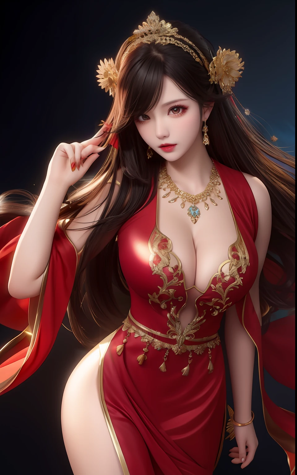 Huge breasts,Expose cleavage,Long black loose hair,Red dress