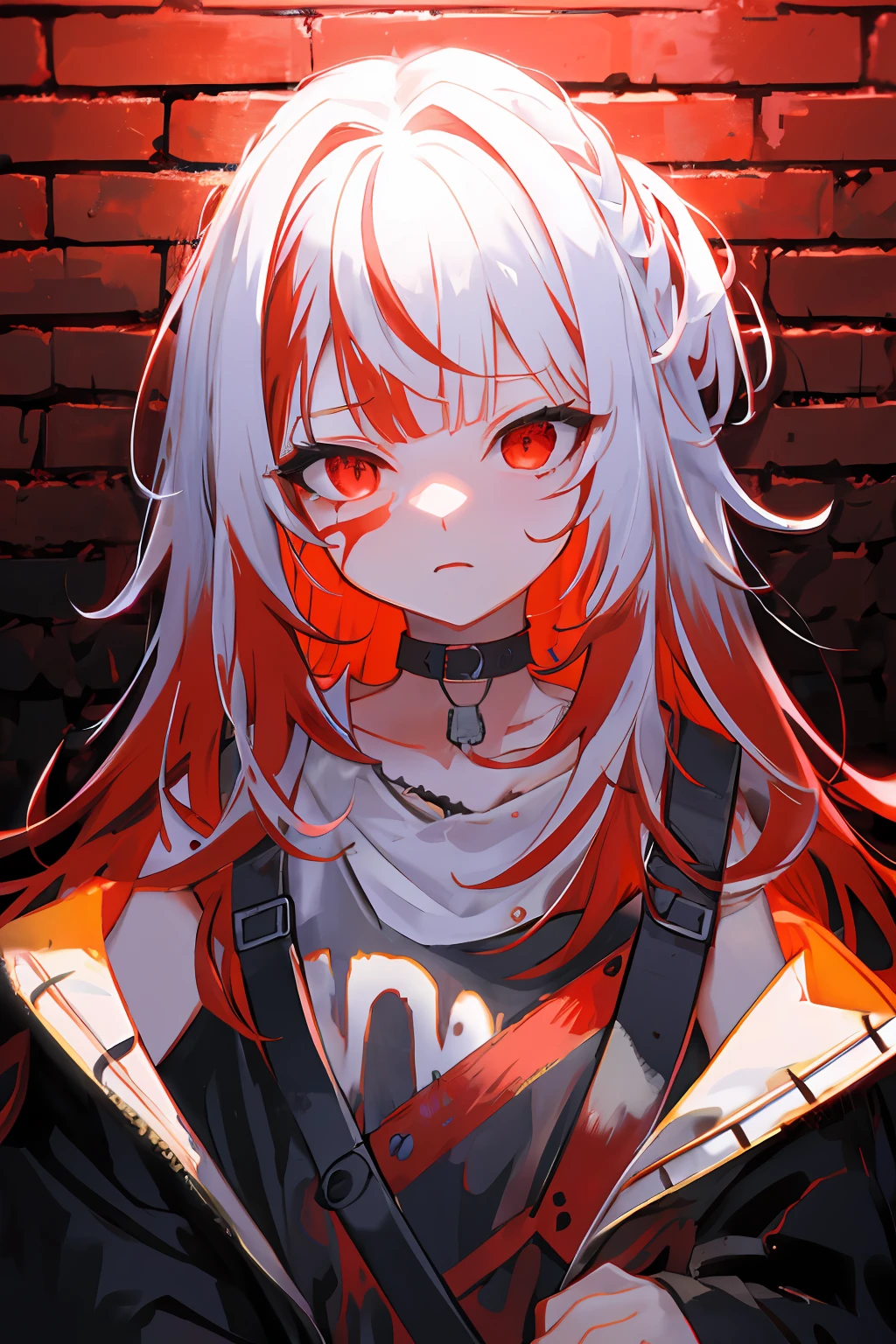 best quality, intricate details, chromatic aberration, 

1girl, long hair, Red hair, messy hair, red highlights, hair over one eye, red eyes, sharp eyes, 

choker, neon shirt, torn legwear, open jacket, 

against wall, brick wall, graffiti, glowing grafiti, glowing tattoos, glow, neon lights, 


blacklight,