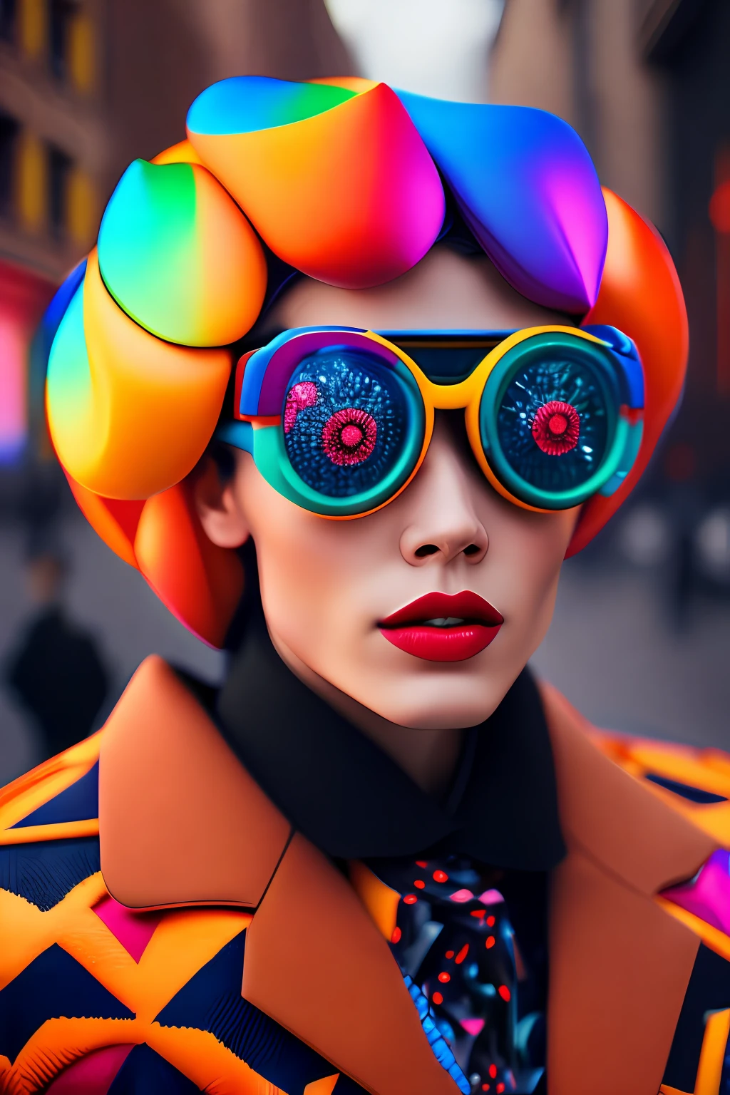 (portrait fashionista man middle ages 1950s with intricate colorful trendy glossy polarised goggle), flufly clorful hair, smily expression, (Extremely Detailed digital photography:1.2), standing in middle of city, (((full body))), raw picture, analogue, Hasselblad, 50asa, f8, 12mm, glow effects, godrays, Hand drawn, render, 8k, octane render, cinema 4d, blender, dark, atmospheric 4k ultra detailed, cinematic sensual, Sharp focus, humorous illustration, big depth of field, Masterpiece, colors, 3d octane render, 4k, concept art, trending on artstation, hyperrealistic, Vivid colors, rim light, extremely detailed CG unity 8k wallpaper, trending on ArtStation, trending on CGSociety, Pop Art style by  Yayoi Kusama, Intricate, High Detail, dramatic
,pure energy, light particules, sci-fi