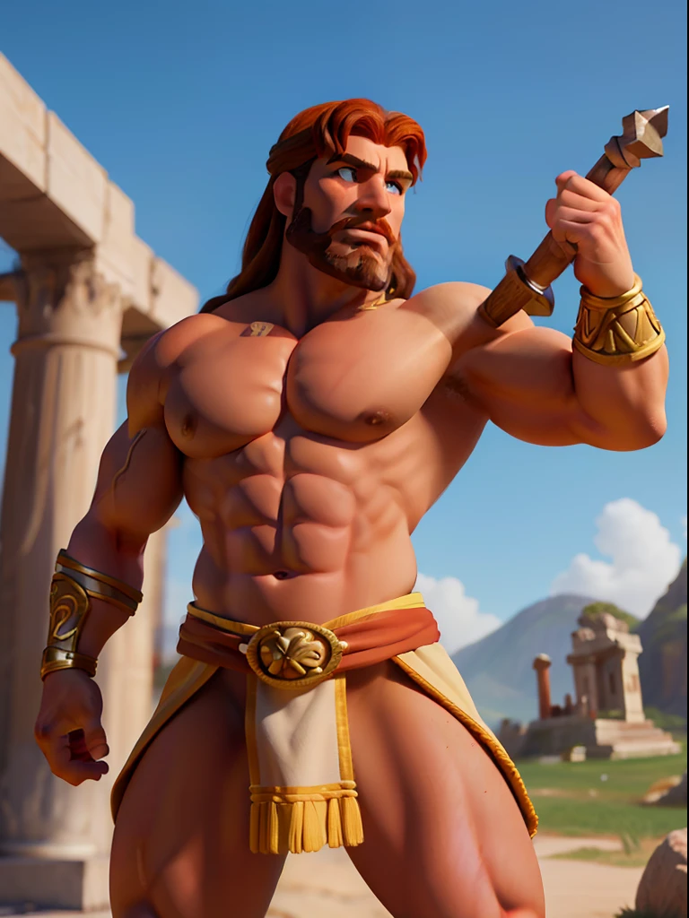 "The Mighty Hercules, Realistic Digital Illustration, Type of Image: Ancient Hero, Art Style: Ancient Realism, Inspired by Historical Artists Michelangelo and Jean-Leon Gerome, Camera Shot: Heroic Pose, Camera Lens: 70mm, View: Front, Render: Octane Render, Lighting: Radiant Sunlight, Resolution: 8K, Highly Detailed, Color Type: Earthy Tones, Scene in an Ancient Greek Landscape, Depicting the Hercules-Type Character in His Muscular Glory, ((Art Station Ancient Hero Art, Ancient Realism)), (((Important: Convey the strength and heroism of the legendary Hercules in ancient times))), insanely handsome man, strongest man on Earth, very masculine, Please focus on intricate details and the play of light and shadows to create a powerful and emotive historical scene."