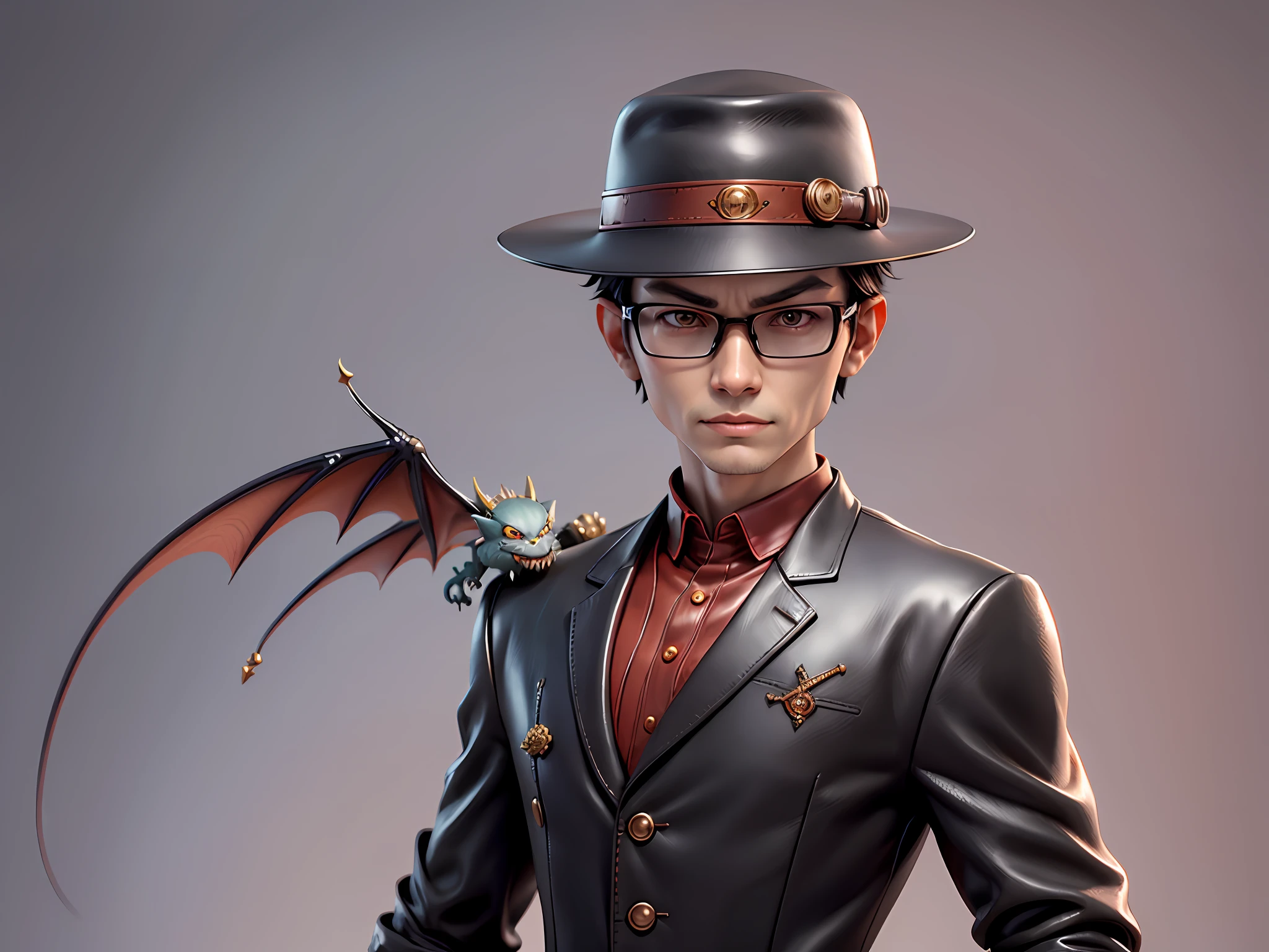 Young man with oriental face in leather hat, dragon, formal suit, short black hair, silver glasses, digital painting, 3D character design by Mark Clairedon and Pixar and Hayao Miyazaki and Akira Toriyama, the illustration is a high-definition illustration in 4K resolution with very detailed facial features and cartoon-style visuals.