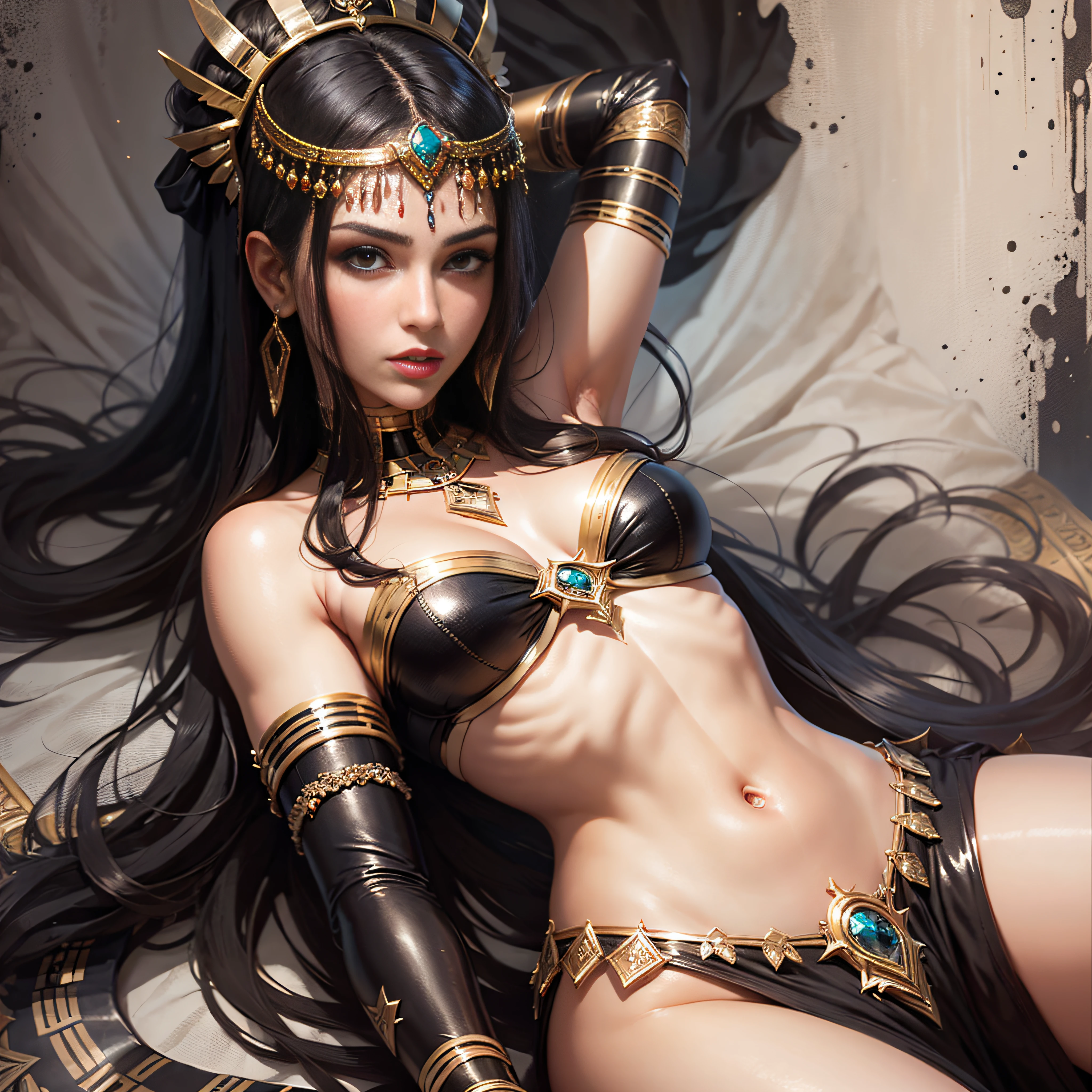 8k, Expect Raw, A beautiful woman, with long black and shiny hair, Cleopatra style, with brown eyes and enveloping, frontal photo, red and seductive lips, imposing woman, confident, a seductive queen, demonstrating what is most real in painting