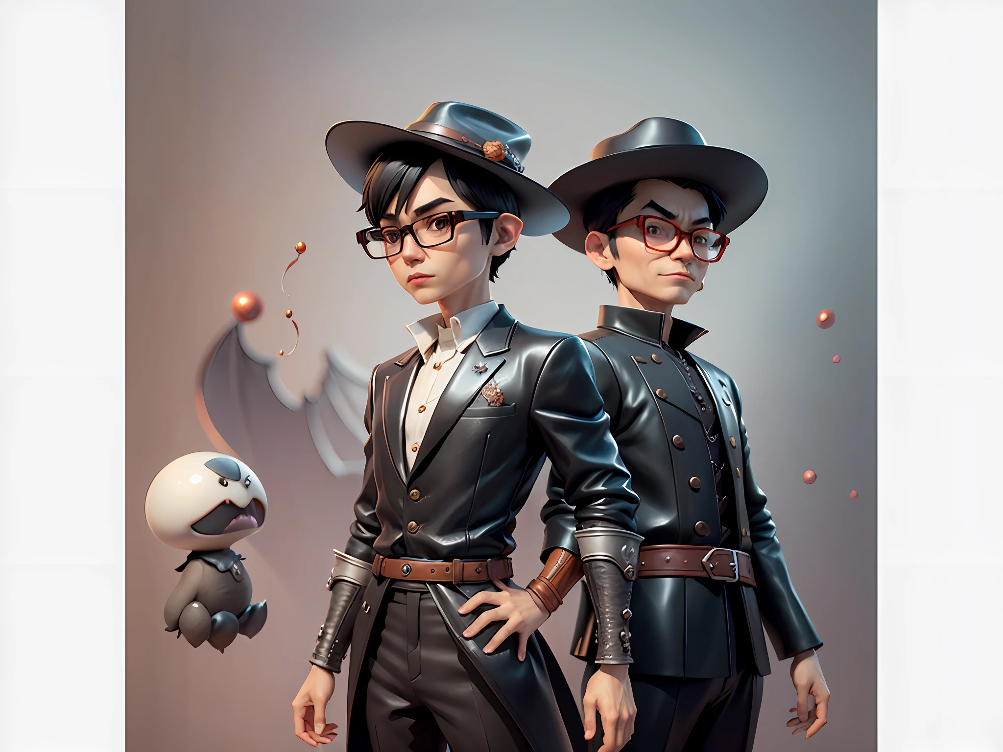 Young man with oriental face in leather hat, dragon, formal suit, short black hair, silver glasses, digital painting, 3D character design by Mark Clairedon and Pixar and Hayao Miyazaki and Akira Toriyama, the illustration is a high-definition illustration in 4K resolution with very detailed facial features and cartoon-style visuals.