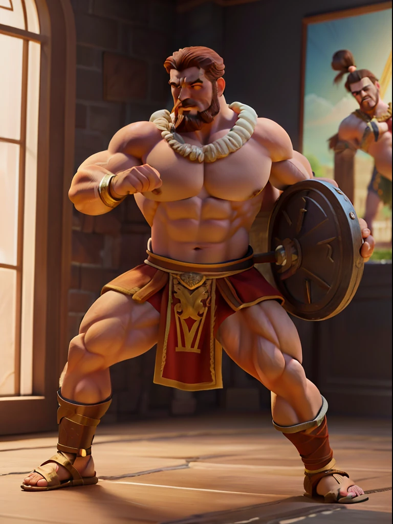 "The Mighty Hercules, Realistic Digital Illustration, Type of Image: Ancient Hero, Art Style: Ancient Realism, Inspired by Historical Artists Michelangelo and Jean-Leon Gerome, Camera Shot: Heroic Pose, Camera Lens: 70mm, View: Front, Render: Octane Render, Lighting: Radiant Sunlight, Resolution: 8K, Highly Detailed, Color Type: Earthy Tones, Scene in an Ancient Greek Landscape, Depicting the Hercules-Type Character in His Muscular Glory, ((Art Station Ancient Hero Art, Ancient Realism)), (((Important: Convey the strength and heroism of the legendary Hercules in ancient times))), insanely handsome man, strongest man on Earth, very masculine, Please focus on intricate details and the play of light and shadows to create a powerful and emotive historical scene."