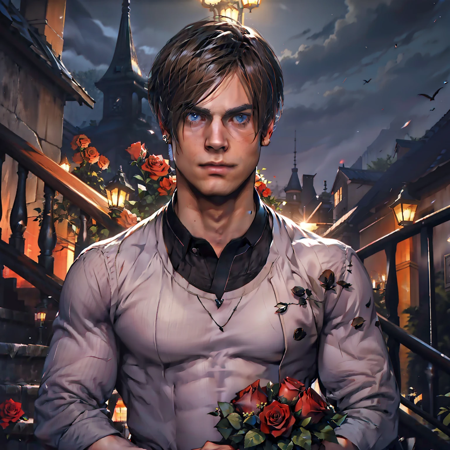 A handsome guy with a beautiful torso holds a bouquet of black roses in his hand, night