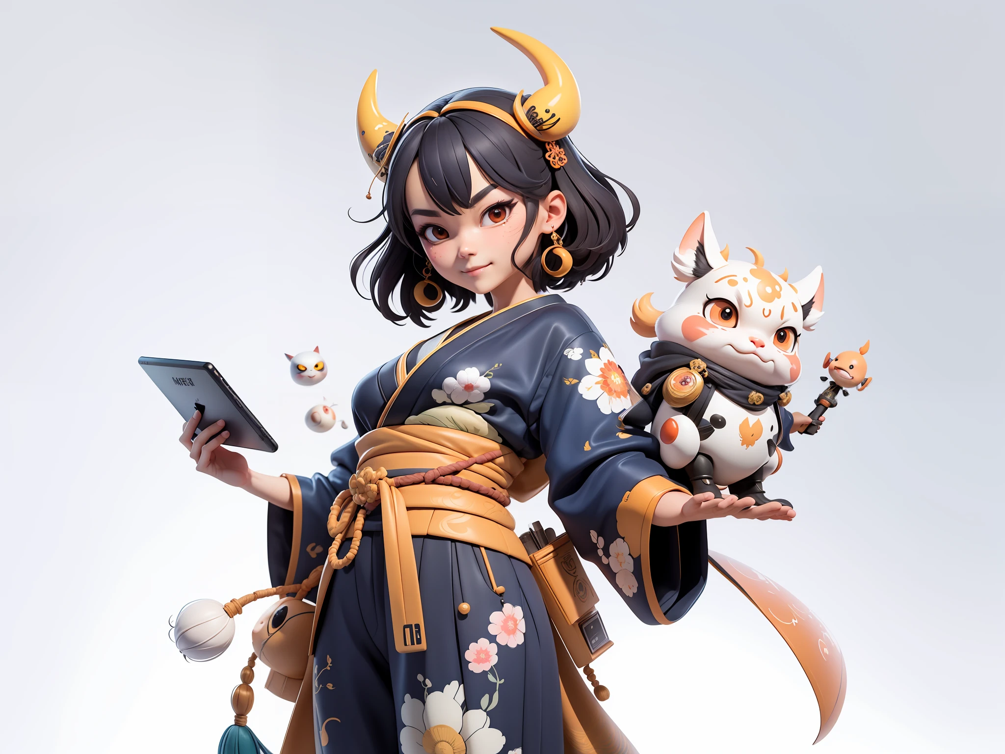 (Daisaku),(Need),(Super meticulous),(full bodyesbian:1.2),Japanese ukiyo-e girl,japanese geisha,Beautiful,Oriental dragon,Aeolian Thor,Raised sexy,爆乳,Oriental face,TV Anchor,Bust portrait illustration,Alone,In black suit,a blue tie,The face is slightly chubby,The face was clean,without a beard,Black super short hair,Black eyes,Smile confidently,3C computer sub-products,iPad, iphone,Digital painting,3D character design by Mark Clairen and Pixar and Hayao Miyazaki and Akira Toriyama,The illustration is a high-definition illustration in 4K resolution,With very detailed facial features and cartoon-style visuals。