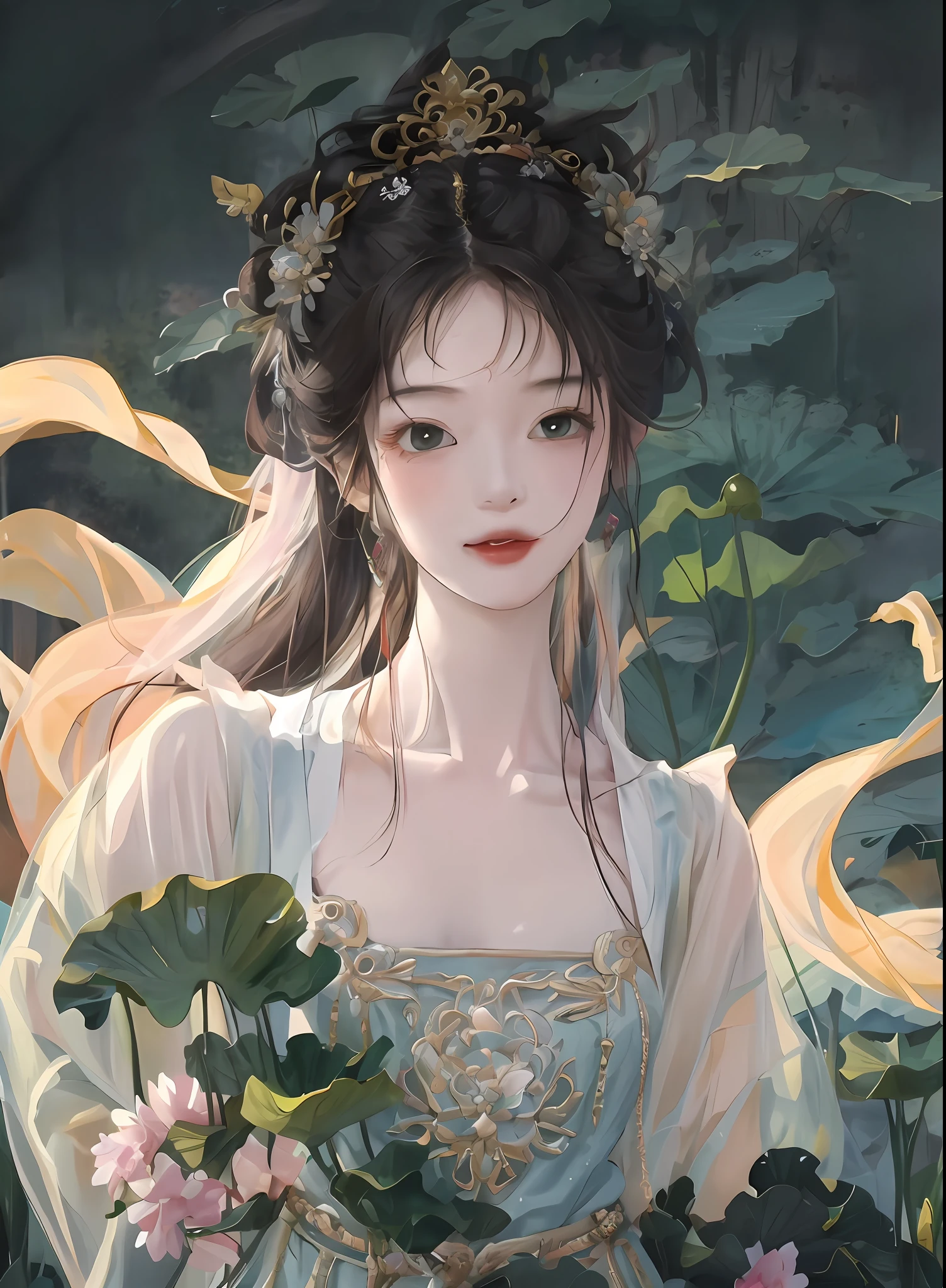 1girl, wearing Hanfu, lotus leaf, best quality, master, (full body: 1), highres, pretty face, hair accessories, (big breasts: 1) (solo: 1), looking at viewer, lips, dress, heal order , necklace, jewelry, (ridiculous long hair: 1.4), earrings, Hanfu, architecture, East Asian architecture, Hanfu, (fidelity: 1.5), super high resolution, best quality, blushing with shame, hair strands, behind arms, (expressive hair: 1.4) , perfect body proportions,