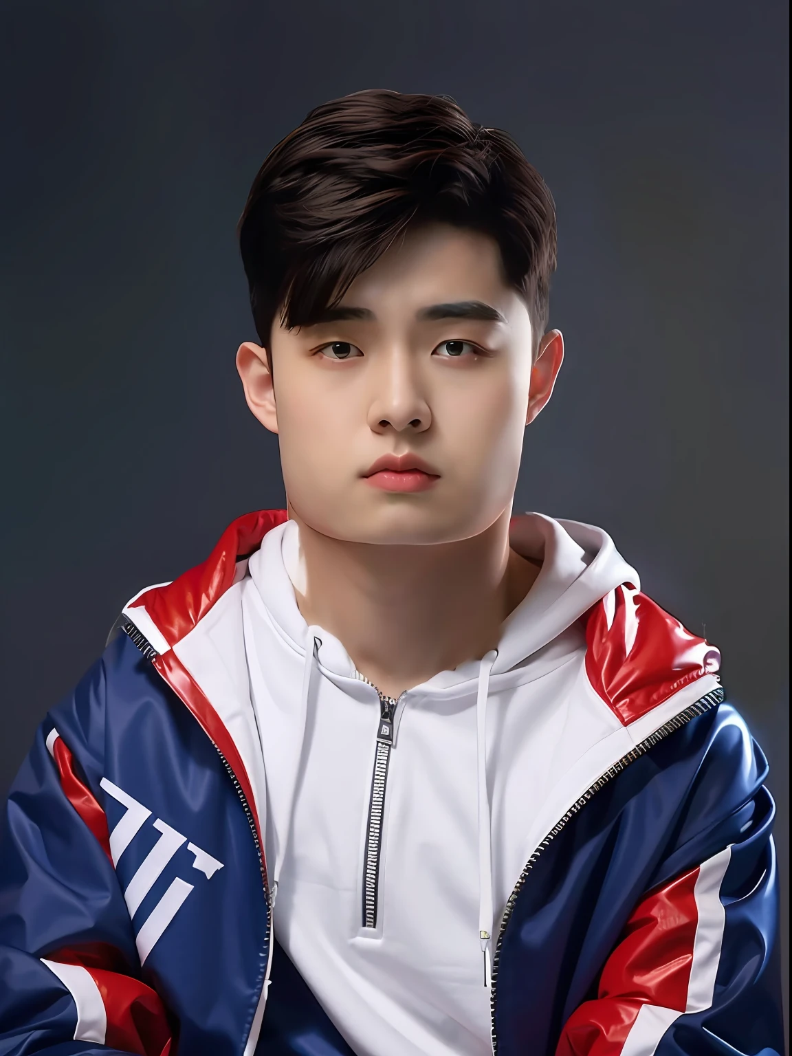 A Chinese male high school student,Wear a casual sweatshirt in PVC color,There are zippers