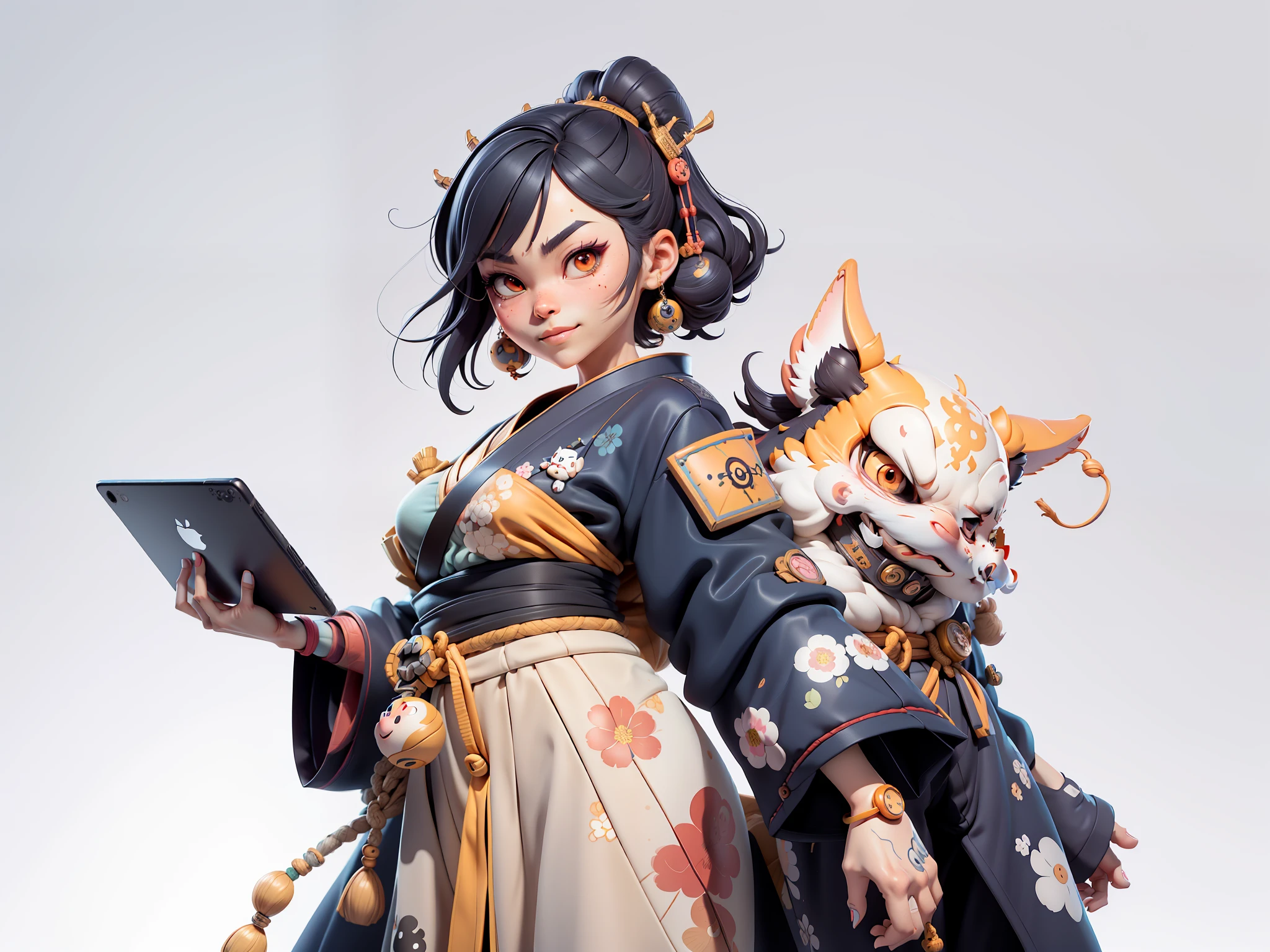 (Daisaku),(Need),(Super meticulous),(full bodyesbian:1.2),Japanese ukiyo-e girl，japanese geisha，Beautiful，Oriental dragon，Aeolian Thor，Raised sexy，爆乳，Oriental face，TV Anchor，Bust portrait illustration，Alone，In black suit，a blue tie，The face is slightly chubby，The face was clean，without a beard，Black super short hair，Black eyes，Smile confidently，3C computer sub-products，iPad， iphone，Digital painting，3D character design by Mark Clairen and Pixar and Hayao Miyazaki and Akira Toriyama，The illustration is a high-definition illustration in 4K resolution，With very detailed facial features and cartoon-style visuals。