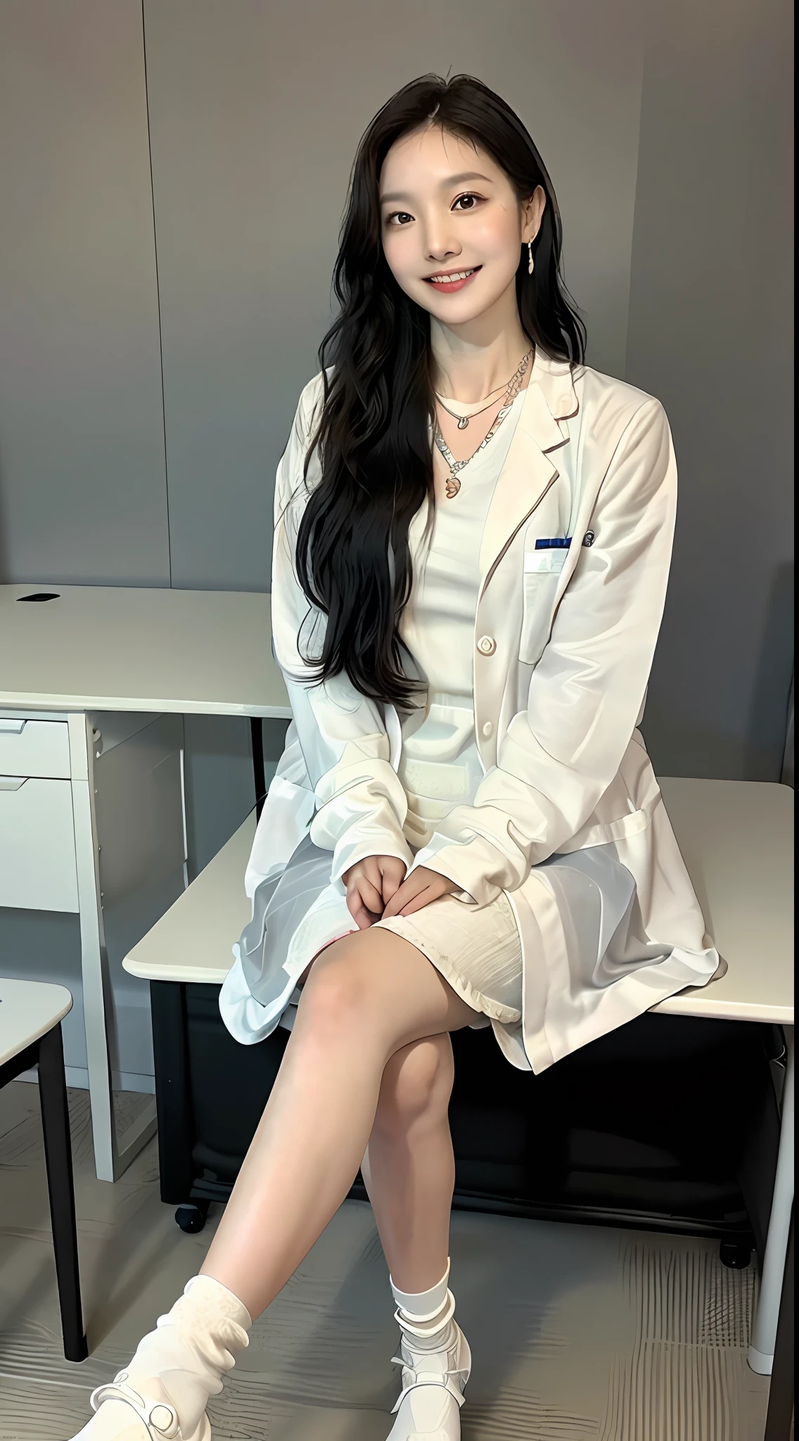 ((top-quality、8K、​masterpiece:1.3))、((1womanl))、((A Japanese Lady))、((A MILF))、((45 yers old))、((slim figure))、((Female Ophthalmologist))、((Detailed eye examination room))、((Office Desk))、((Detailed office chair))、((Sitting on an office chair))、((beautifully detailed hair))、((Float NovaFrogStyle))、((Black hair Long hair))、((Extraordinary beauty))、((Beautiful and ultra-detailed face))、((kindly smile))、((Detailed lab coat))、((Beautiful and detailed scruff))、((Detailed necklace))、((Beautiful and detailed hands))、((Detailed long skirt))、((Sitting cross-legged))、((Detailed beautiful legs))、((Beautiful and detailed ankles))、((Detailed anklet))