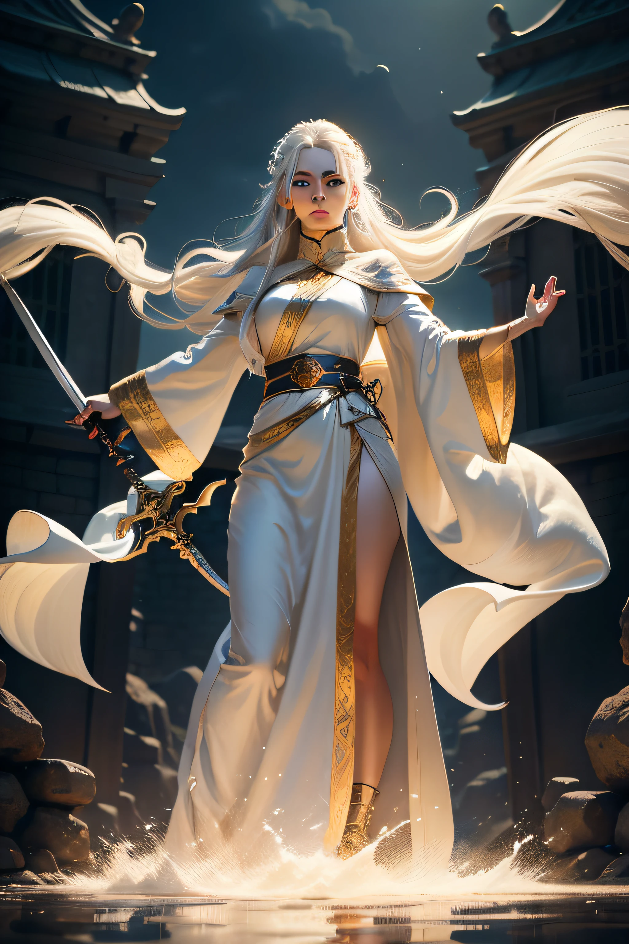 woman,Height of three feet,Holding a long sword in his hand,Gray hair and hair,Flowing hairstyle,Golden eye streamer,verve,White robe with wide sleeves,The look is majestic and loving,Stand on a golden stone arch bridge,Look down on the water,ancient wind