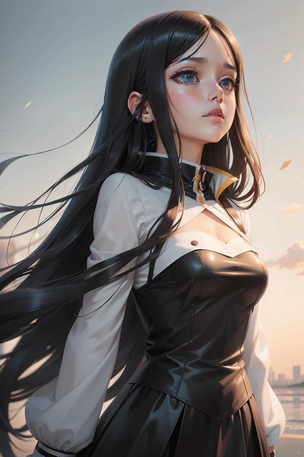 Anime girl looking up at long black hair and blue eyes, Seductive Anime Girl, charming anime girls, soft anime illustration, unknown artstyle, semirealistic anime style, painted in anime painter studio, Smooth Anime CG Art, made with anime painter studio, Flat anime style shading, anime style portrait, In an anime style, realistic anime art style, Nico Robin