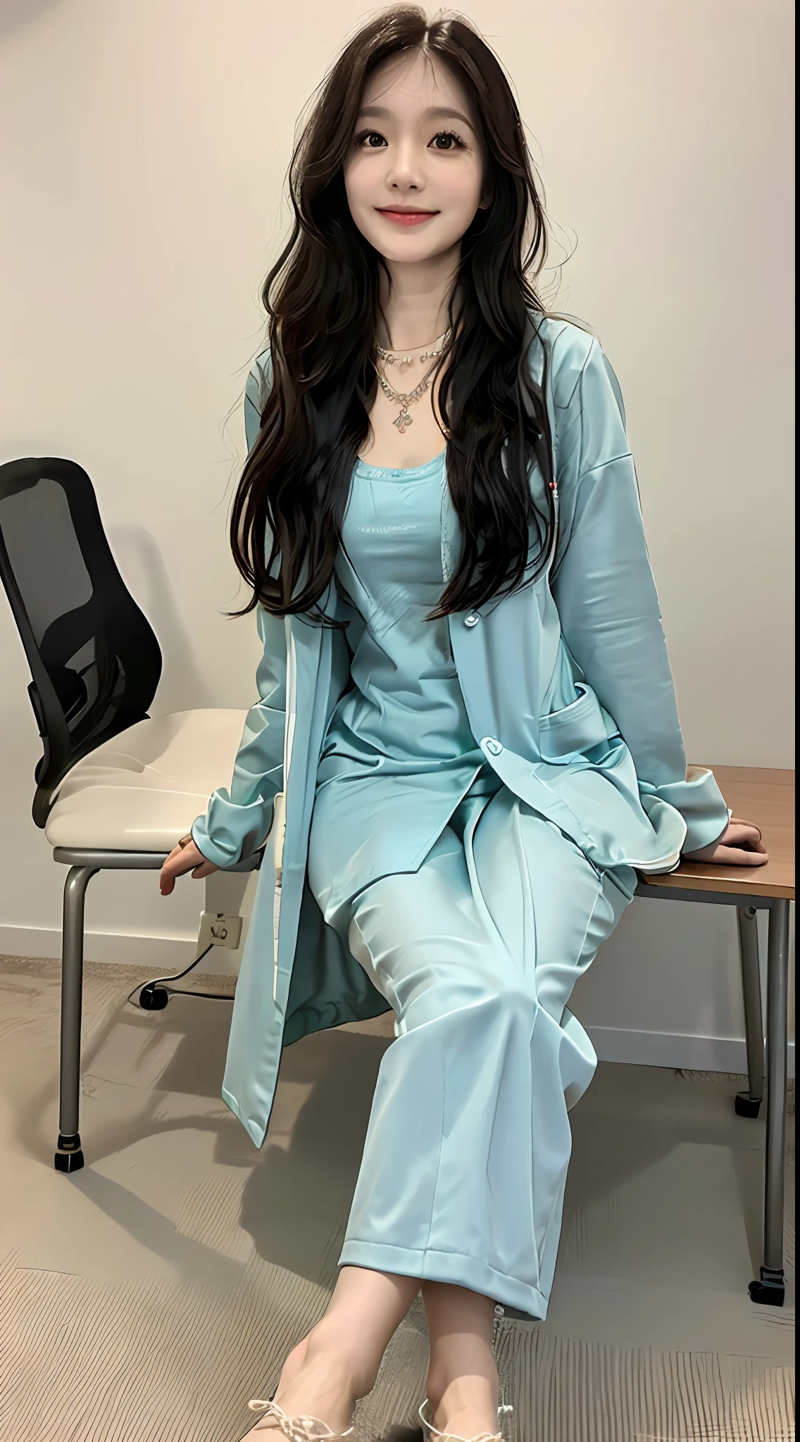 ((top-quality、8K、masterpiece:1.3))、((1womanl))、((A Japanese Lady))、((A MILF))、((45 yers old))、((slim figure))、((Female Ophthalmologist))、((Detailed eye examination room))、((Office Desk))、((Detailed office chair))、((Sitting on an office chair))、((beautifully detailed hair))、((Float NovaFrogStyle))、((Black hair Long hair))、((Extraordinary beauty))、((Beautiful and ultra-detailed face))、((kindly smile))、((Detailed lab coat))、((Beautiful and detailed scruff))、((Detailed necklace))、((Beautiful and detailed hands))、((Detailed long skirt))、((Sitting cross-legged))、((Detailed beautiful legs))、((Beautiful and detailed ankles))、((Detailed anklet))