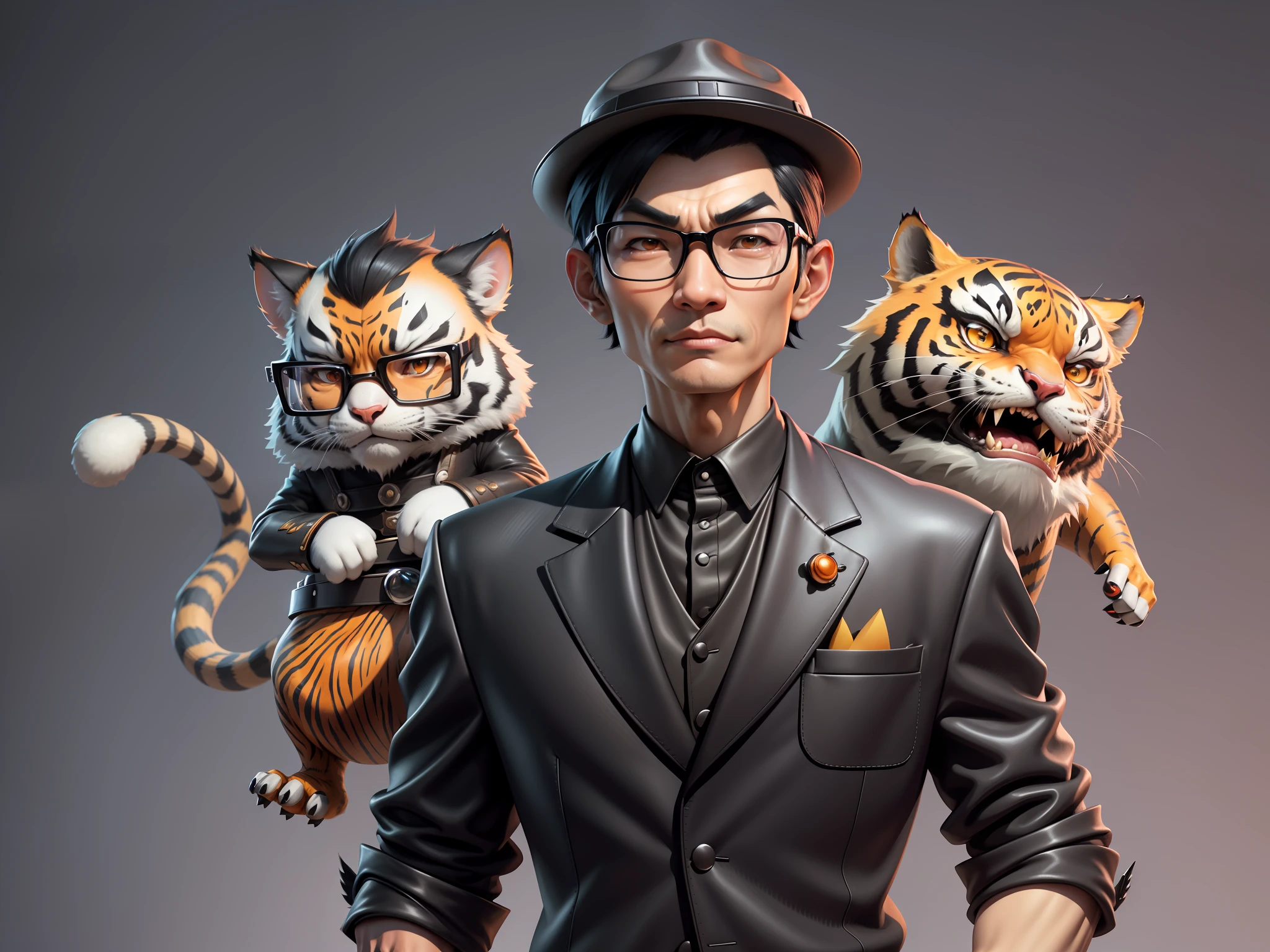 Young man with oriental face in leather hat, tiger, oriental face in formal suit, short black hair, silver glasses, digital painting, 3D character design by Mark Clairedon and Pixar and Hayao Miyazaki and Akira Toriyama, the illustration is a high-definition illustration in 4K resolution with very detailed facial features and cartoon-style visuals.