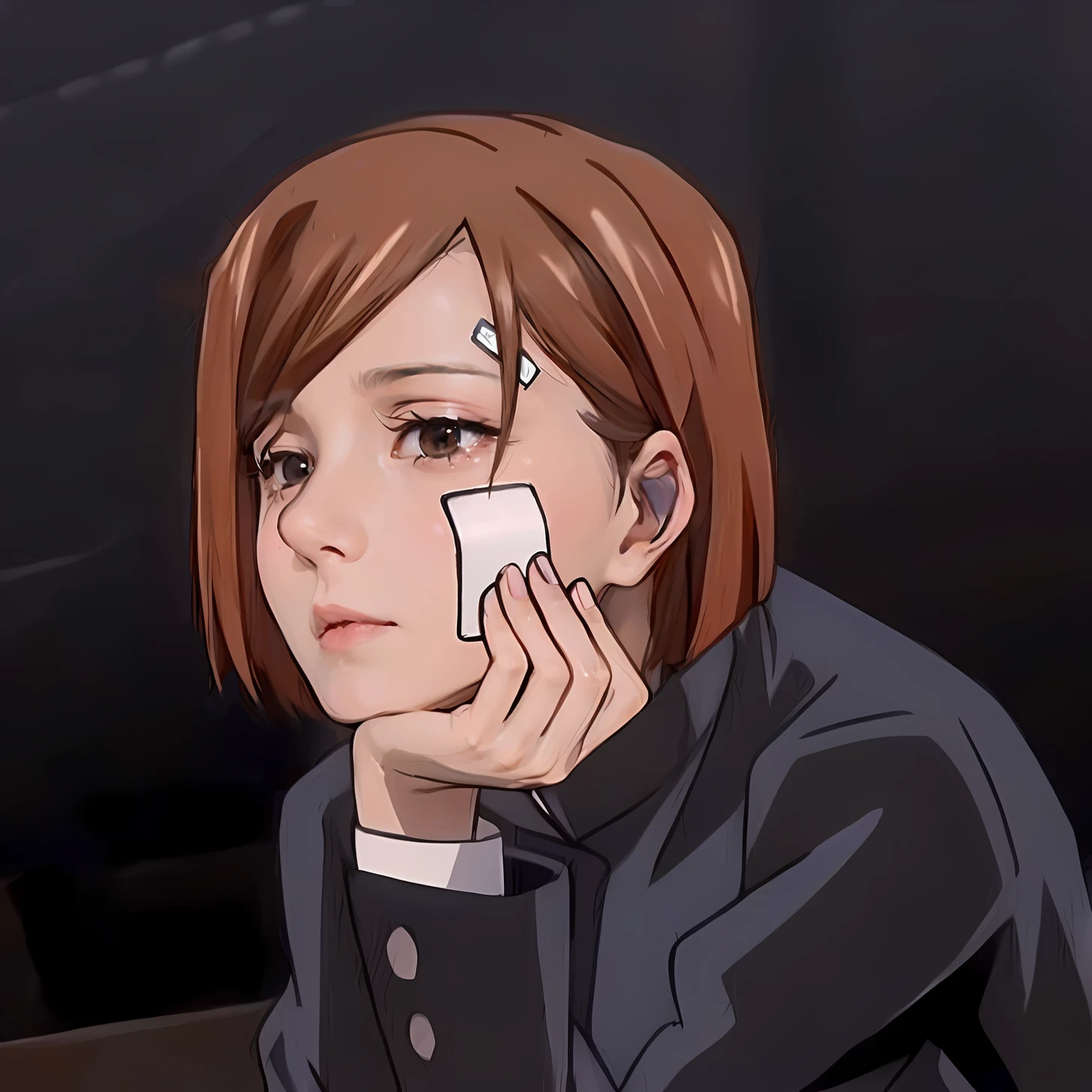 a close up of a person holding a cell phone to their ear, boromir in an anime world, boromir in an 80\'s anime world, in the anime film, slightly happy facial expression, with a sad expression, ( ( ( yoshinari yoh ) ) ), last exile anime, crying! android! woman, in an anime