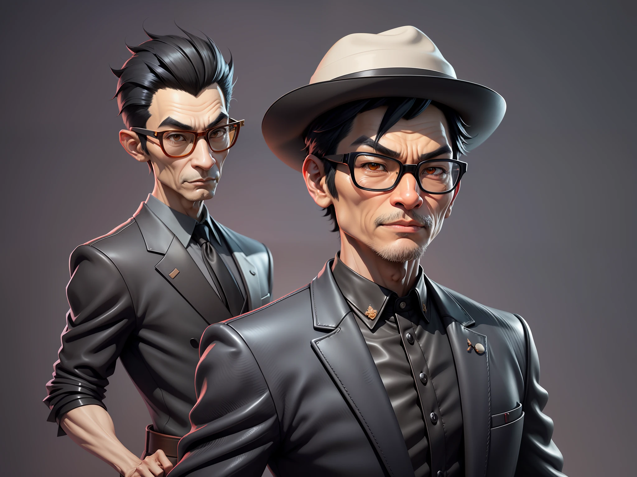 Young man with oriental face in leather hat, tiger, oriental face in formal suit, short black hair, silver glasses, digital painting, 3D character design by Mark Clairedon and Pixar and Hayao Miyazaki and Akira Toriyama, the illustration is a high-definition illustration in 4K resolution with very detailed facial features and cartoon-style visuals.