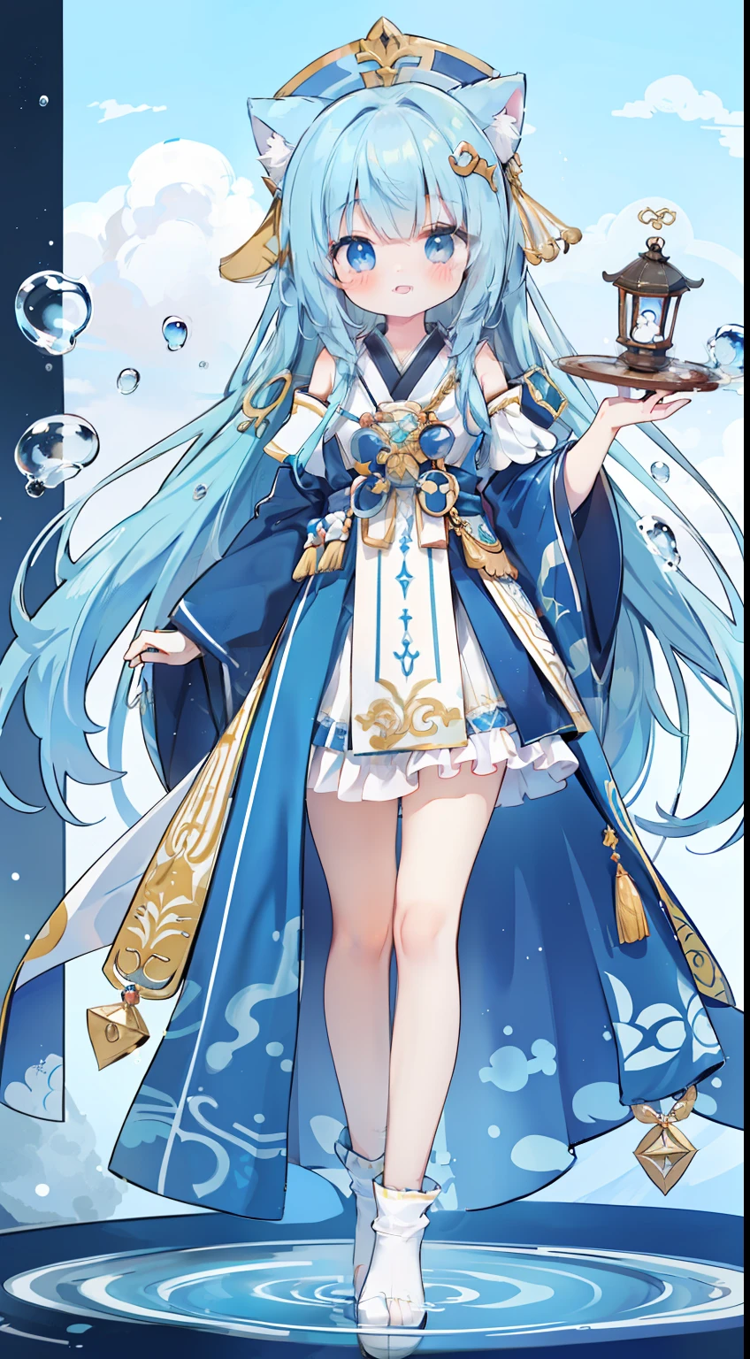 full bodyesbian、Standing Picture、cute little、​masterpiece、top-quality、Top image quality、blue hairs、blue eyess、Gentle smile、Very long hair、shrine maiden、Blue Priestess、splash water