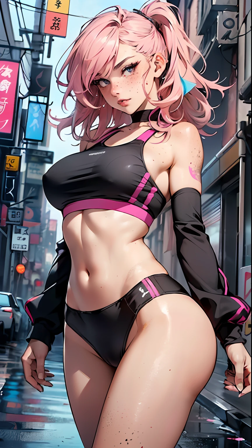 sporty girl,(((1girl))),((anime girl with bubblegum pink hair and freckles,extremely cute and gorgeous seductively walking down the street)),

(large breasts:1.4),saggy breasts,(((bubblegum pink hair:1.35,straight hair,long hair:1.4,colored inner hair,ear breathing))),((heterochromia,eye1 pink,eye2 azul,perfect eyes,upturned eyes:1.3,beautiful detailed eyes,finely detailed beautiful eyes:1,big highlight on eyes:1.2,slanted eyes)),((fat)),(((freckles on the face,freckles,freckled girl))),(((lustrous skin:1.5,bright skin: 1.5,skin tanned,shiny skin,very shiny skin,shiny body,plastic glitter skin,exaggerated shiny skin))),(spider lower abdomen,narrow waist,wide hip,athletic body,inflated legs,delicate detailed fingers,detailed body,detailed arms,human hands,(detailed face)),

cute,slutty,seductive,erotic,(((nsfw))),

zettai ryouiki,revealing clothing,show skin,((((underboob)))),(((small magenta sports bra,sport thong,visible thong straps))),(wearing a sport outfit:1.3,sport clothes,semi-naked,with little clothing,),(detailed outfit,detailed clothes),

(dynamic pose:1.0),embarrassed,centered,scale to fit dimensions,Rule of thirds,

outdoors,((night view)),(cyberpunk night street Background: 1.5,dark sky,alleyway,lonely alley,thick clouds,detailed background:1.25),

(best quality),(high resolution),(sharp focus),(ultra detailed),(extremely detailed),(extremely high quality artwork),8k_wallpaper,(extremely detailed CG 8k),(very fine 8K CG),((hyper super ultra detailed perfect piece)),flawless,(((masterpiece))),illustration,vibrant colors,(intricate),High contrast,Selective lighting,Double exposure,HDR (High Dynamic Range),Post-processing,Background blur,