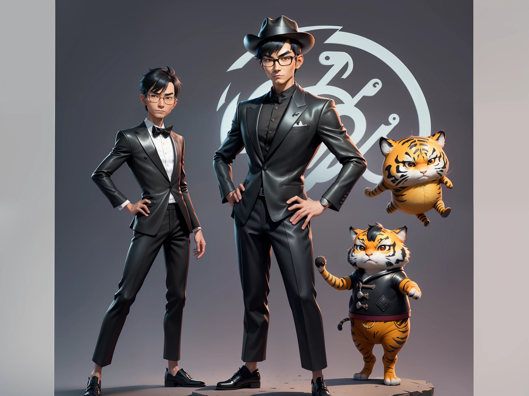 Young man with oriental face in leather hat, tiger, oriental face in formal suit, short black hair, silver glasses, digital painting, 3D character design by Mark Clairedon and Pixar and Hayao Miyazaki and Akira Toriyama, the illustration is a high-definition illustration in 4K resolution with very detailed facial features and cartoon-style visuals.