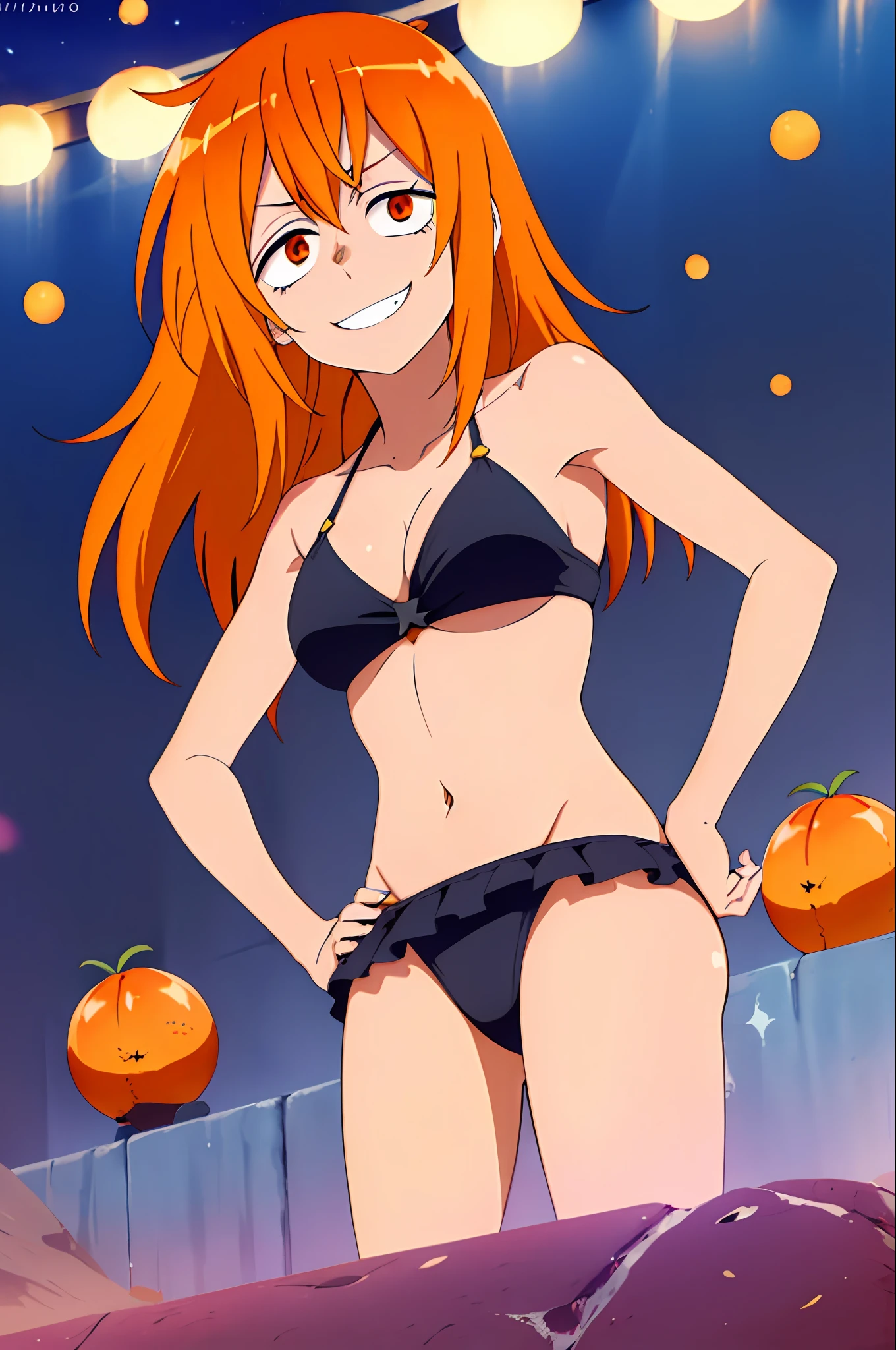 1chica, solo, sentado, cara perfecta, cabello naranja, (ojos naranjas: 1), cara hermosa, sonrisa malvada, ((cuerpo femenino perfecto, cintura estrecha)), belly, bikini, bleach
