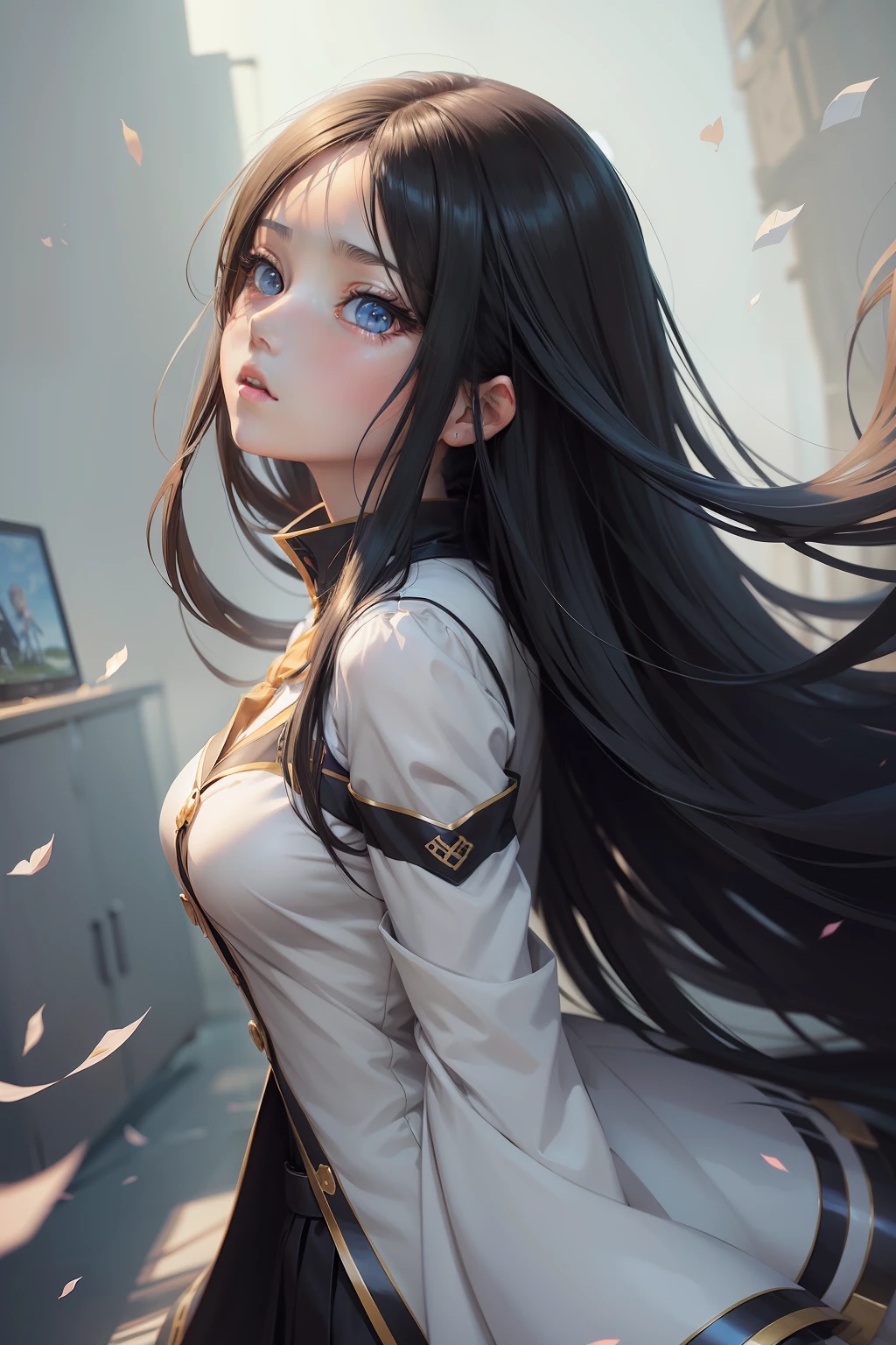 Anime girl looking up at long black hair and blue eyes, Seductive Anime Girl, charming anime girls, soft anime illustration, unknown artstyle, semirealistic anime style, painted in anime painter studio, Smooth Anime CG Art, made with anime painter studio, Flat anime style shading, anime style portrait, In an anime style, realistic anime art style, Nico Robin