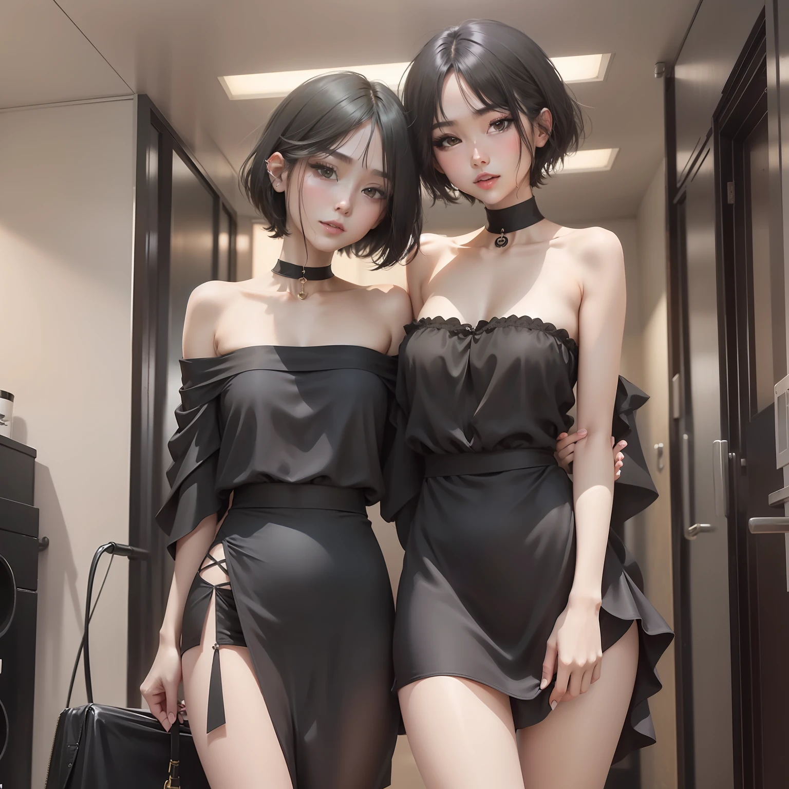 Short hair and long legs,Black silk with bandeau,Sexy and charming,short sexy dress。White skin,Positive sister,One guy。