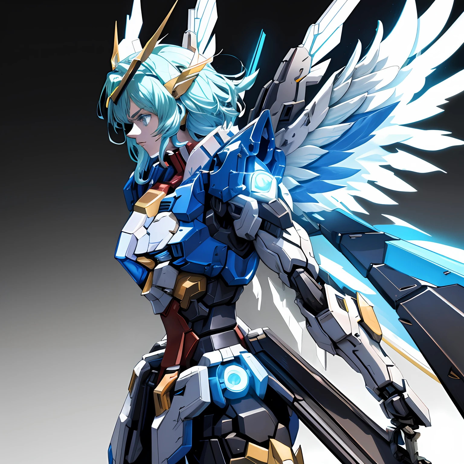 Gundam style Very rich mechanical details 8kcg wallpaper with mechanical wings Battle damage Master masterpiece Realistic wind sideways Close up Light blue light wings and mechanical wind wings PR rendering Humanoid mech Extreme detail
