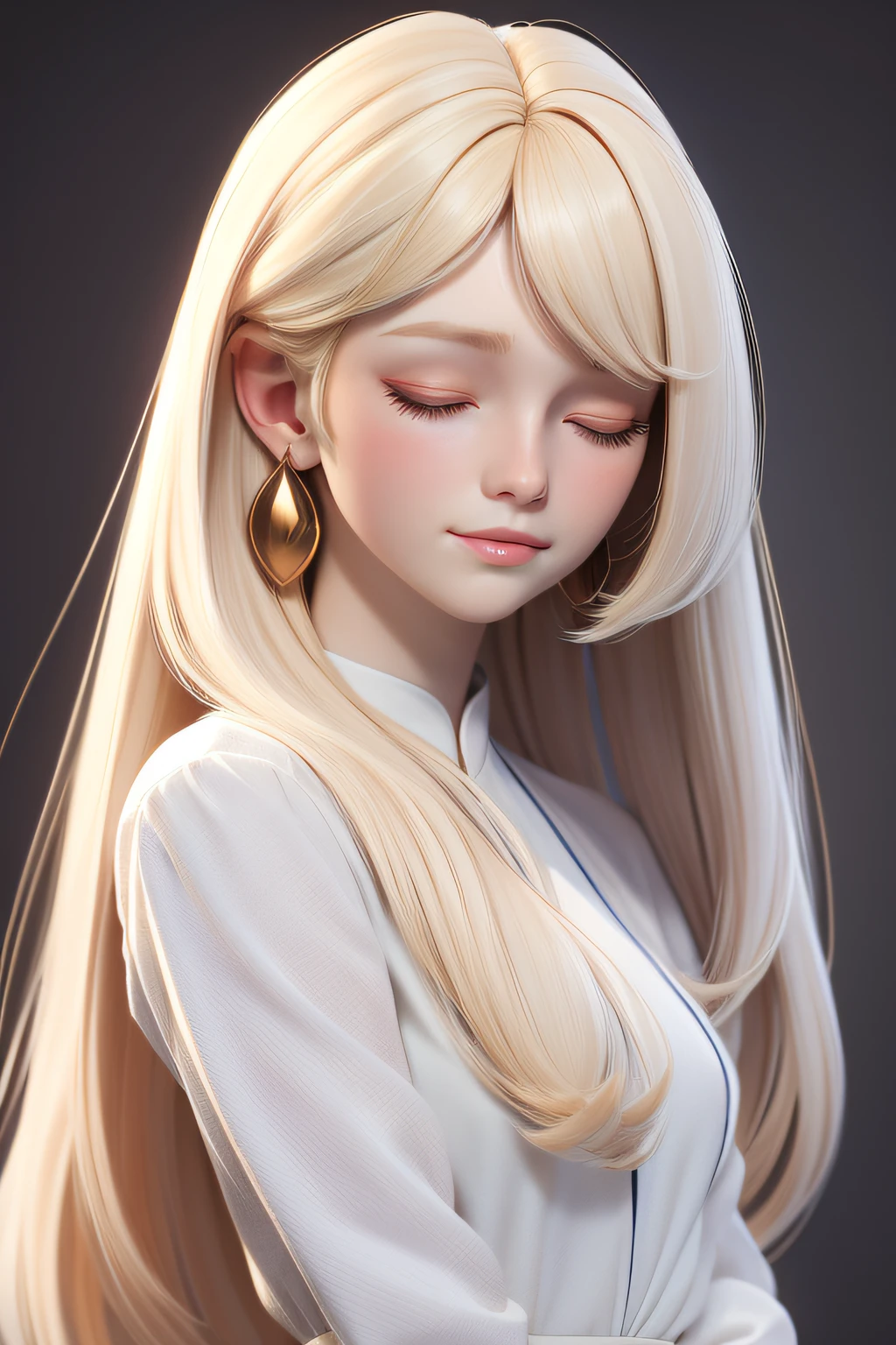 masterpiece, best quality, 1girl, closed eyes, pale skin, light blonde hair, straight hair, medium hair, long bangs over the eye, earrings, simple background, solo, upper body