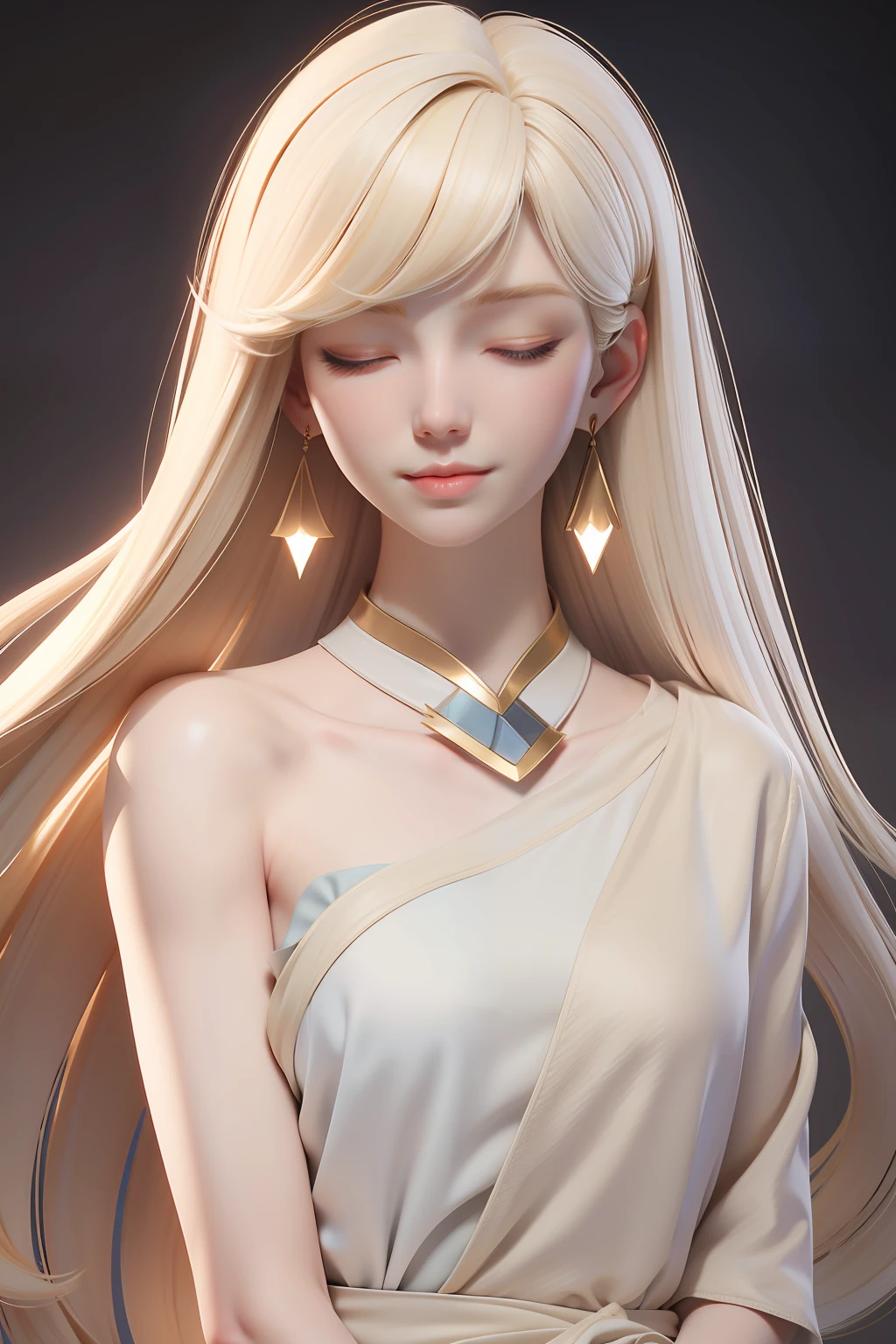 masterpiece, best quality, 1girl, closed eyes, pale skin, light blonde hair, straight hair, medium hair, long bangs over the eye, earrings, simple background, solo, upper body